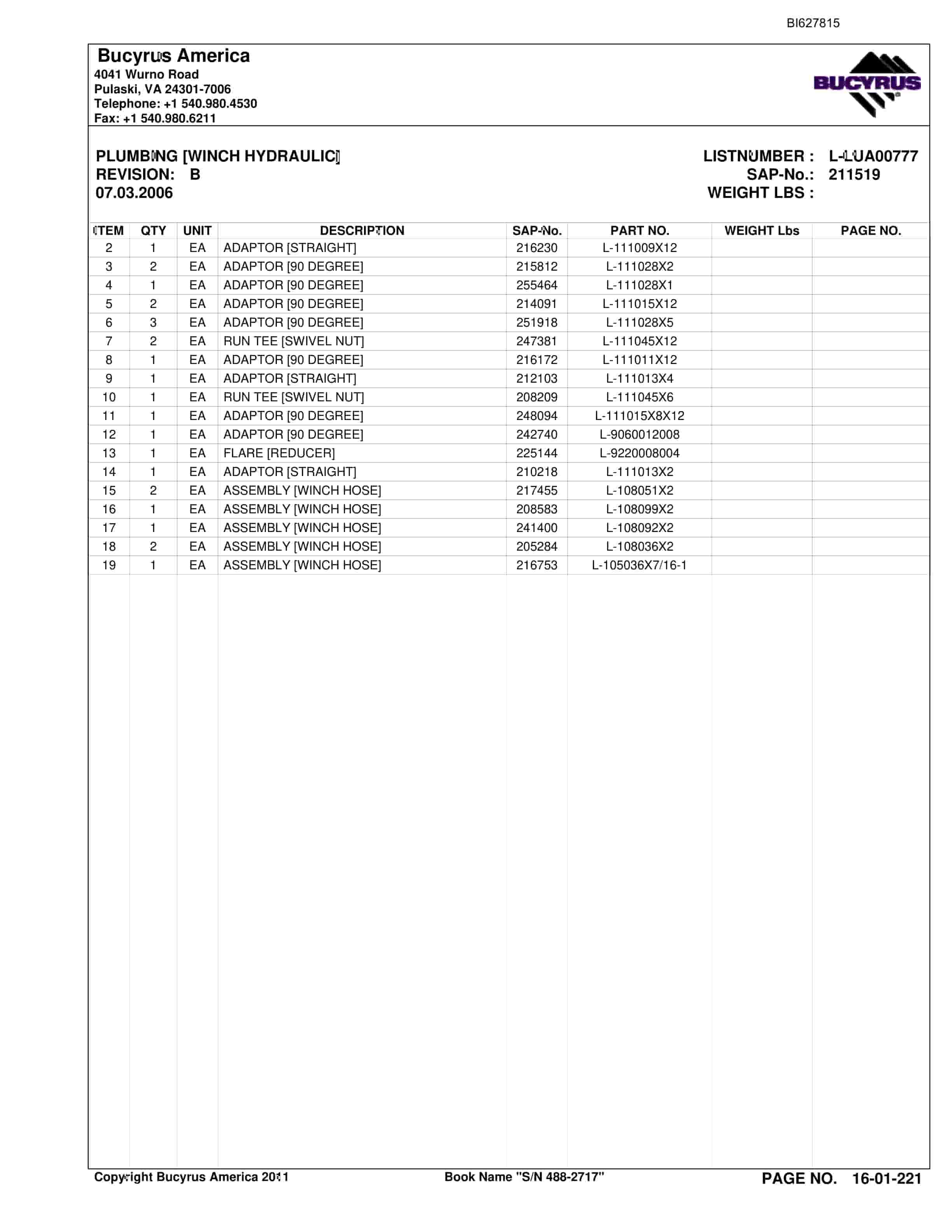 Bucyrus 488-2717 UN-A-TRAC Spare Parts List BI627815-4