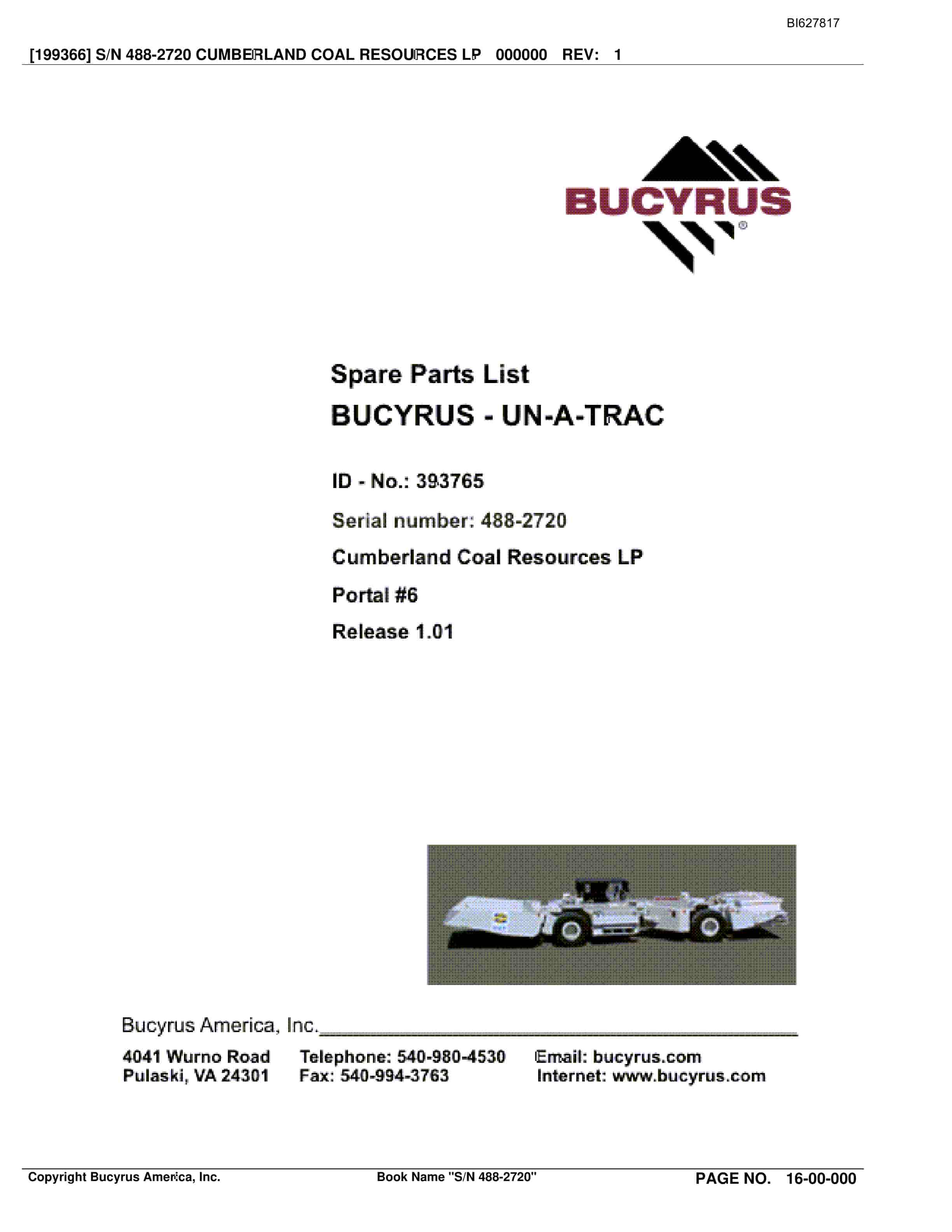 Bucyrus 488-2720 UN-A-TRAC Spare Parts List BI627817