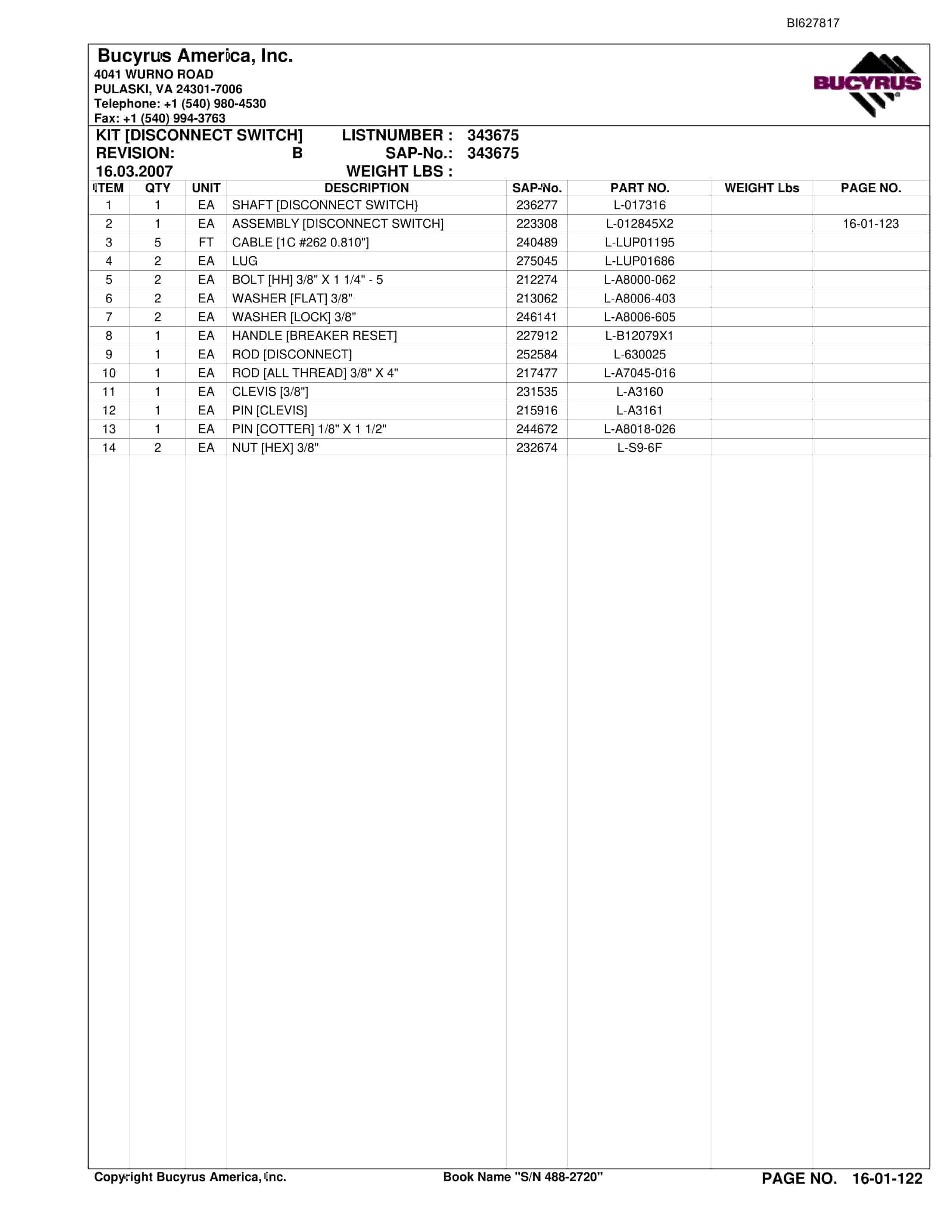 Bucyrus 488-2720 UN-A-TRAC Spare Parts List BI627817-3