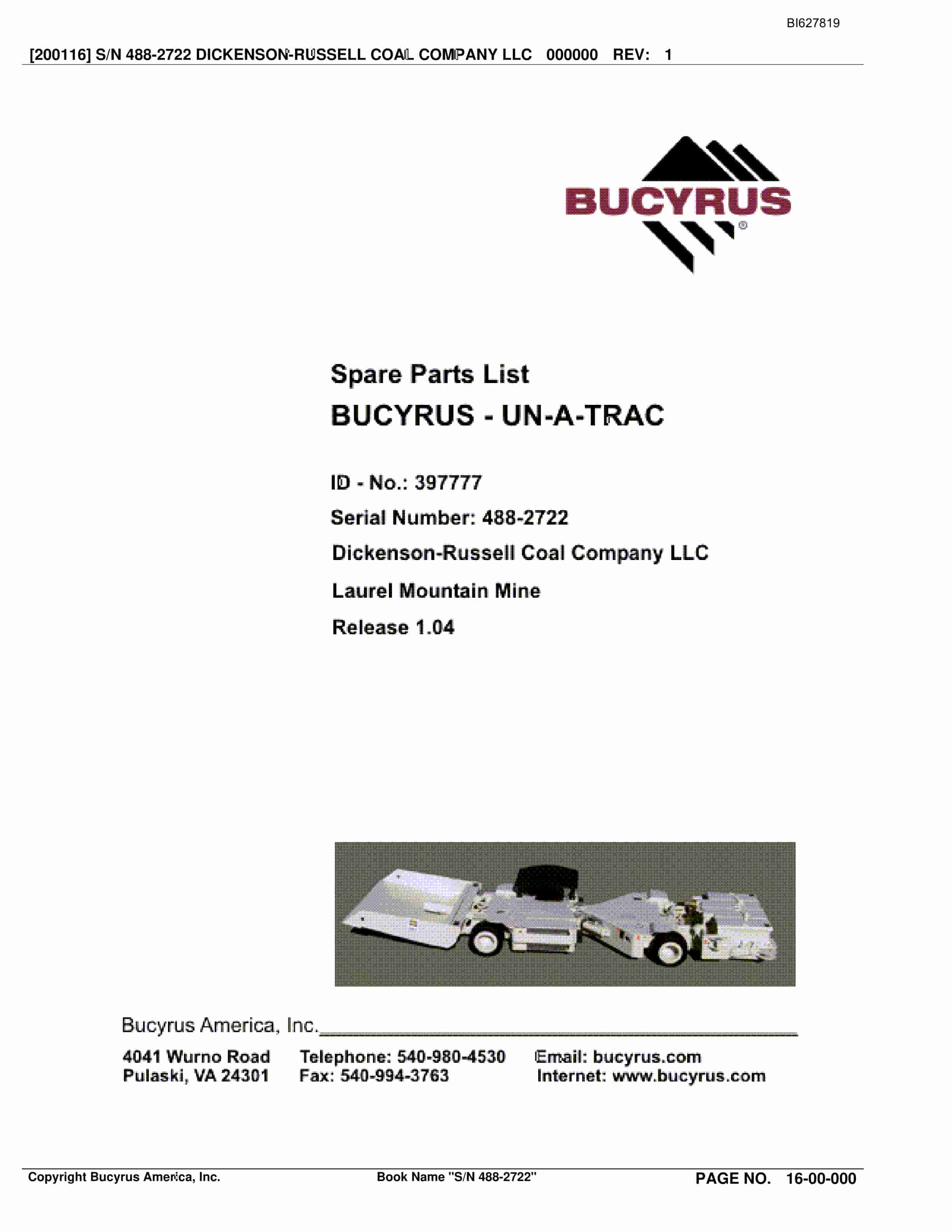 Bucyrus 488-2722 UN-A-TRAC Spare Parts List BI627819