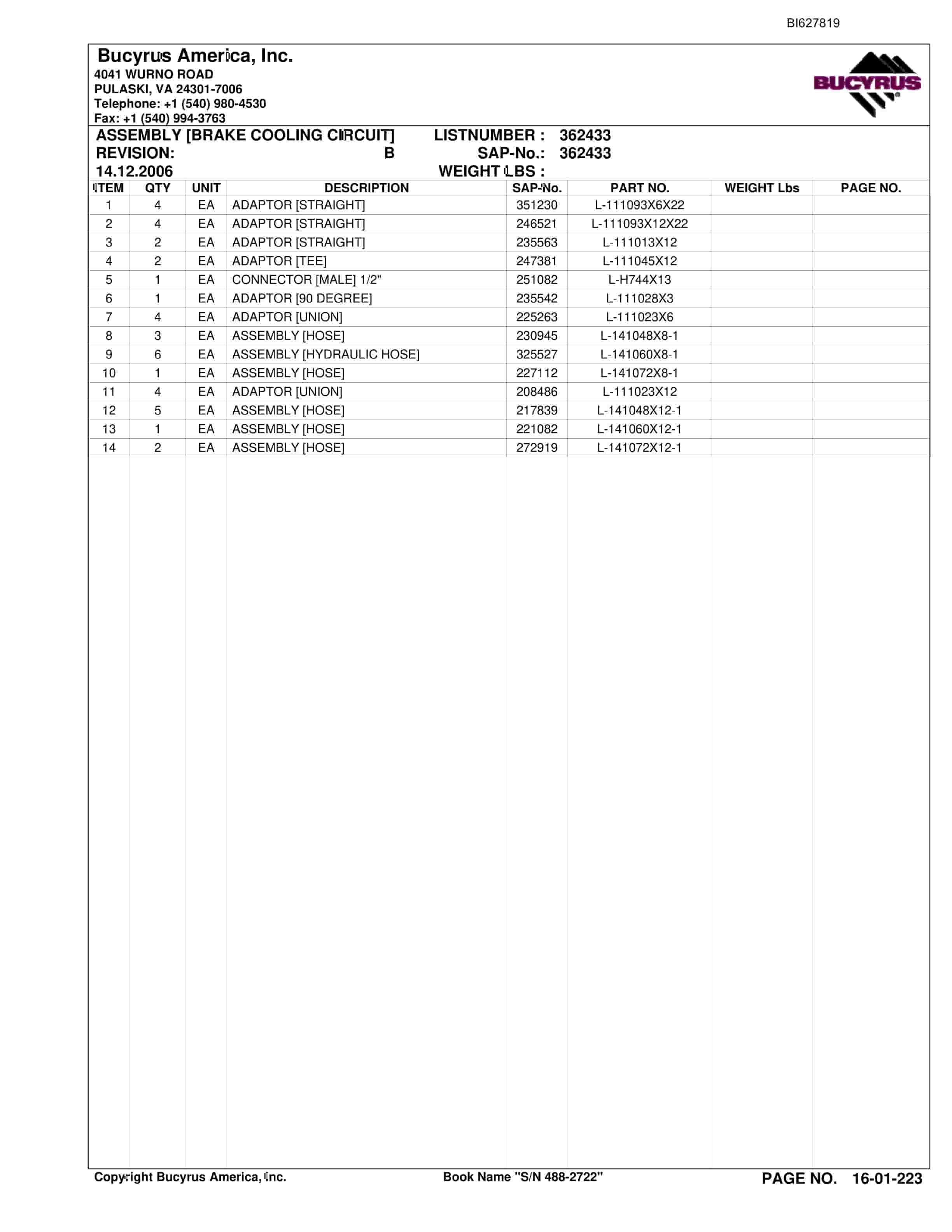 Bucyrus 488-2722 UN-A-TRAC Spare Parts List BI627819-4