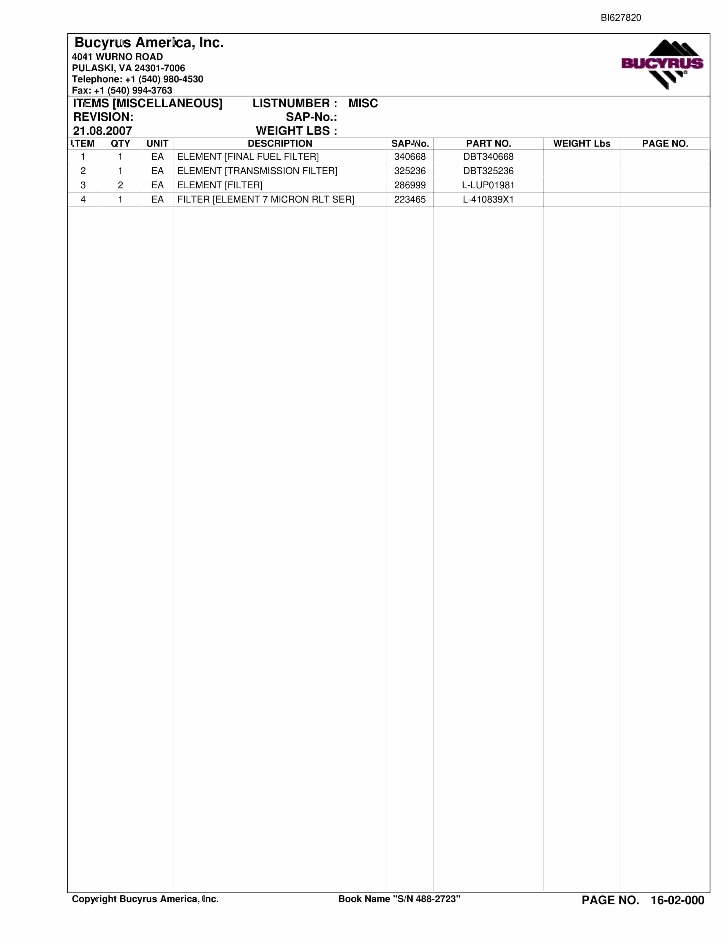 Bucyrus 488-2723 UN-A-TRAC Spare Parts List BI627820-4