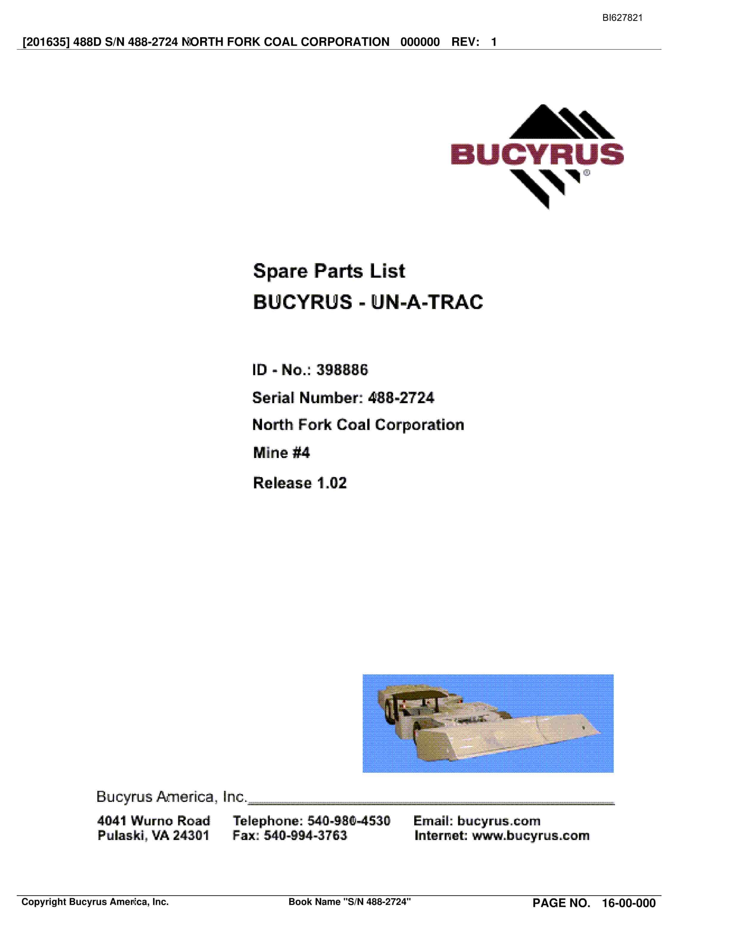 Bucyrus 488-2724 UN-A-TRAC Spare Parts List BI627821