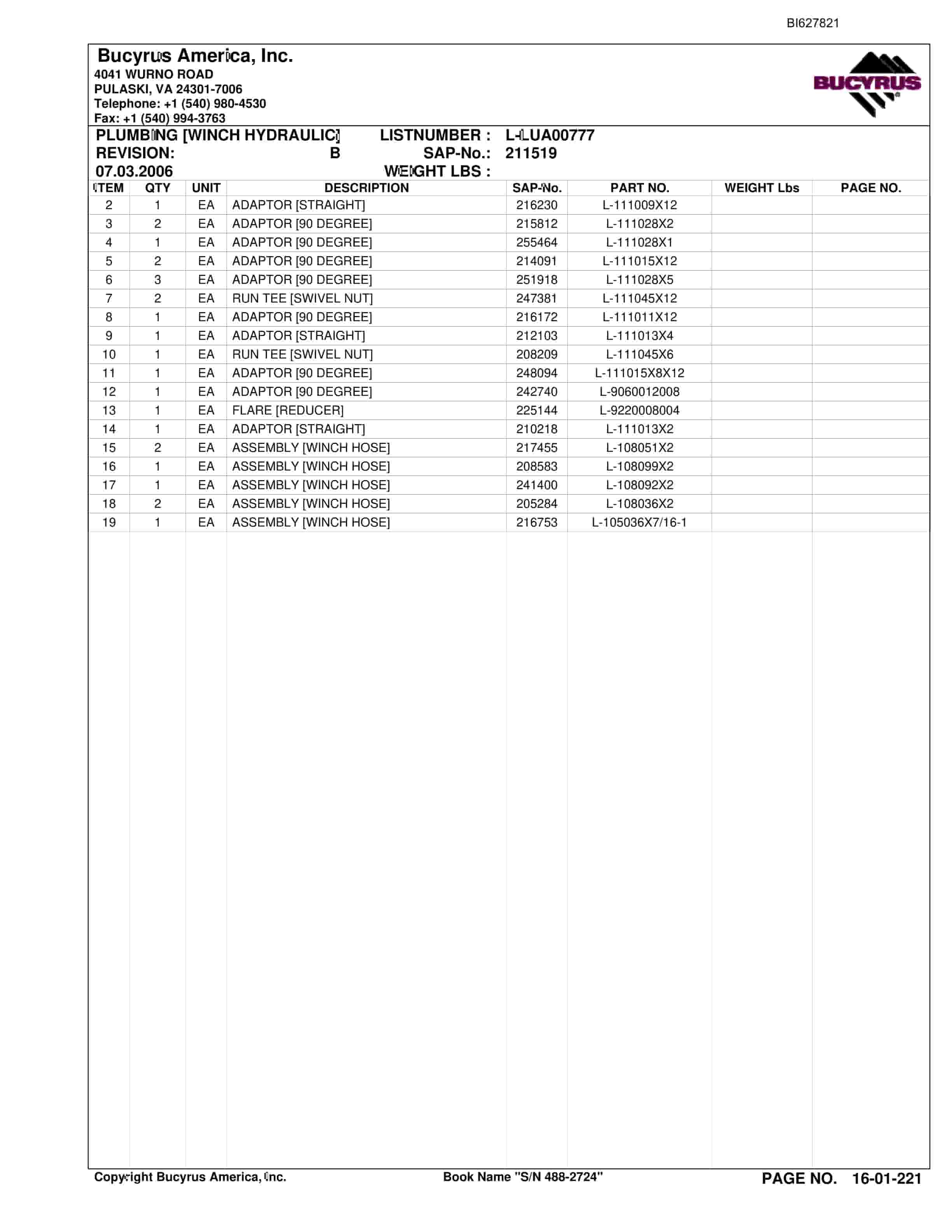 Bucyrus 488-2724 UN-A-TRAC Spare Parts List BI627821-4