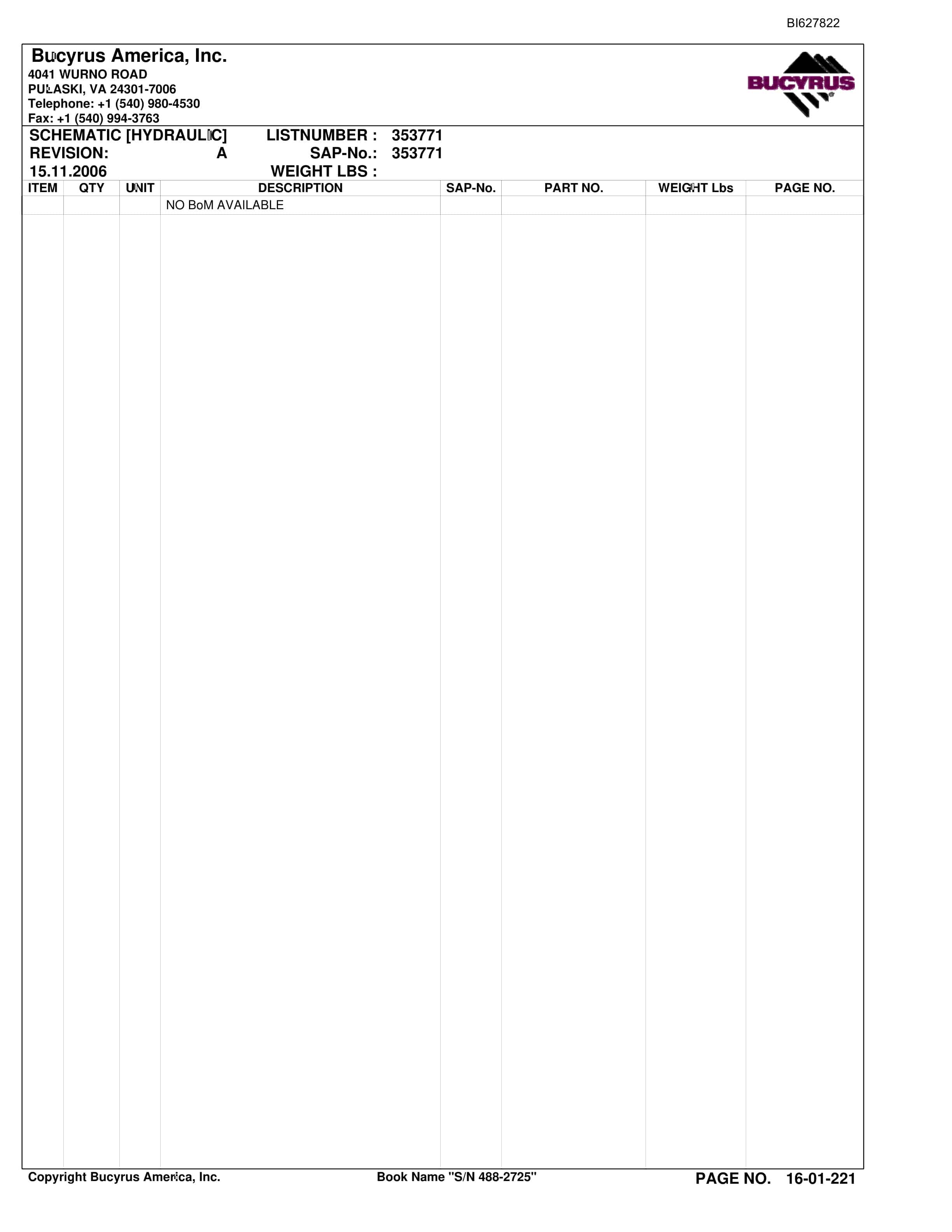 Bucyrus 488-2725 UN-A-TRAC Spare Parts List BI627822-4