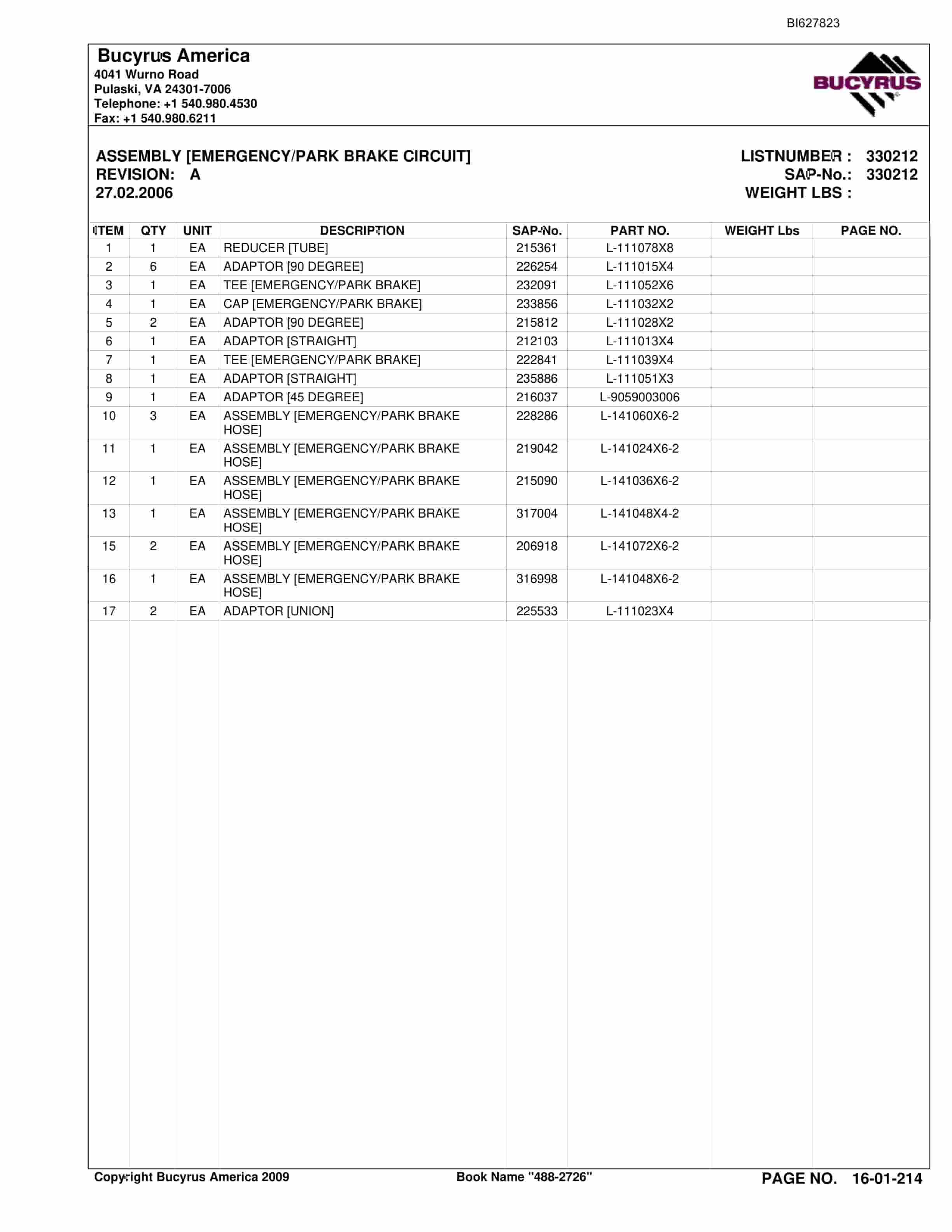 Bucyrus 488-2726 UN-A-TRAC Spare Parts List BI627823-4