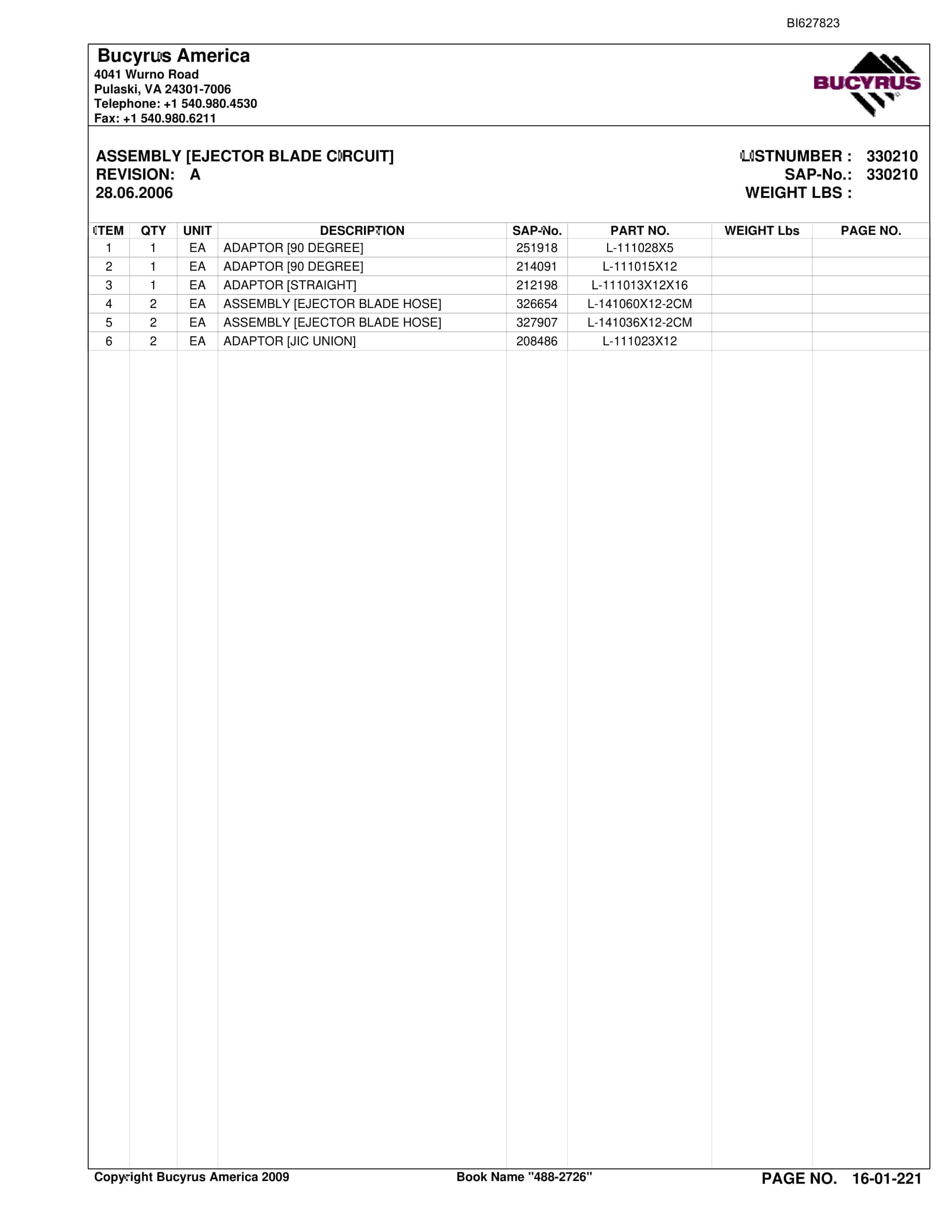Bucyrus 488-2726 UN-A-TRAC Spare Parts List BI627823-5