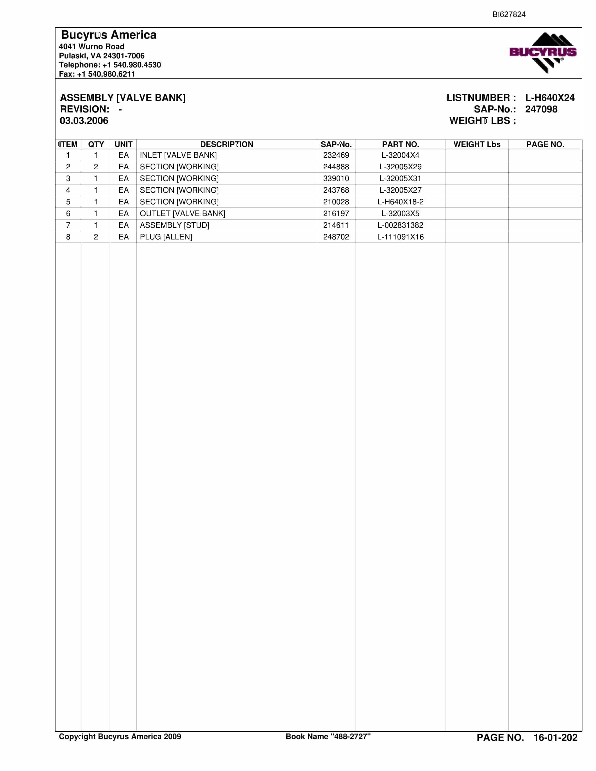 Bucyrus 488-2727 UN-A-TRAC Spare Parts List BI627824-3