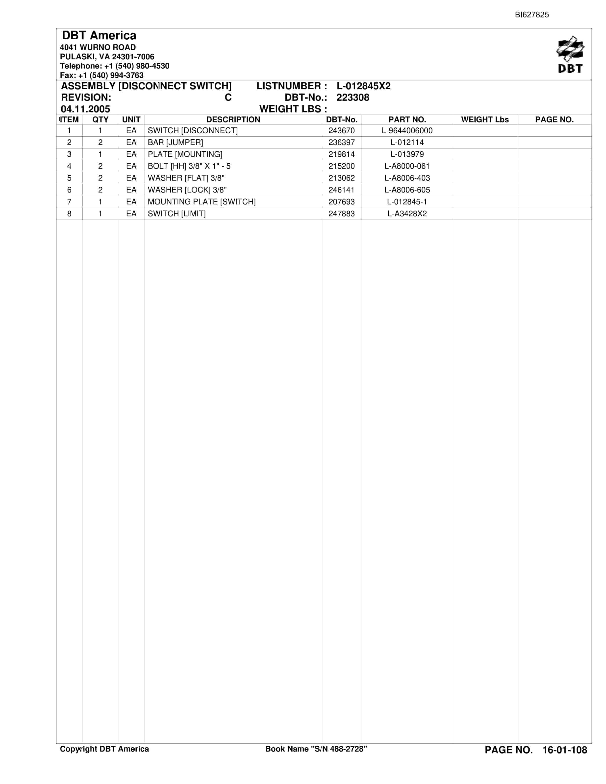 Bucyrus 488-2728 UN-A-TRAC Parts Catalog BI627825-2