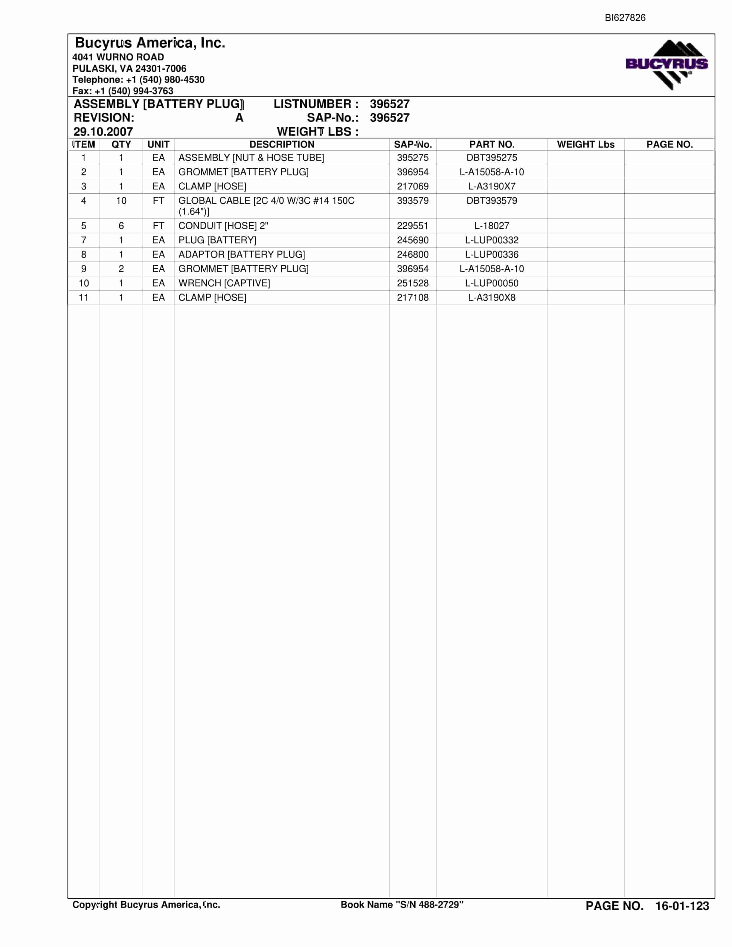 Bucyrus 488-2729 UN-A-TRAC Spare Parts List BI627826-2
