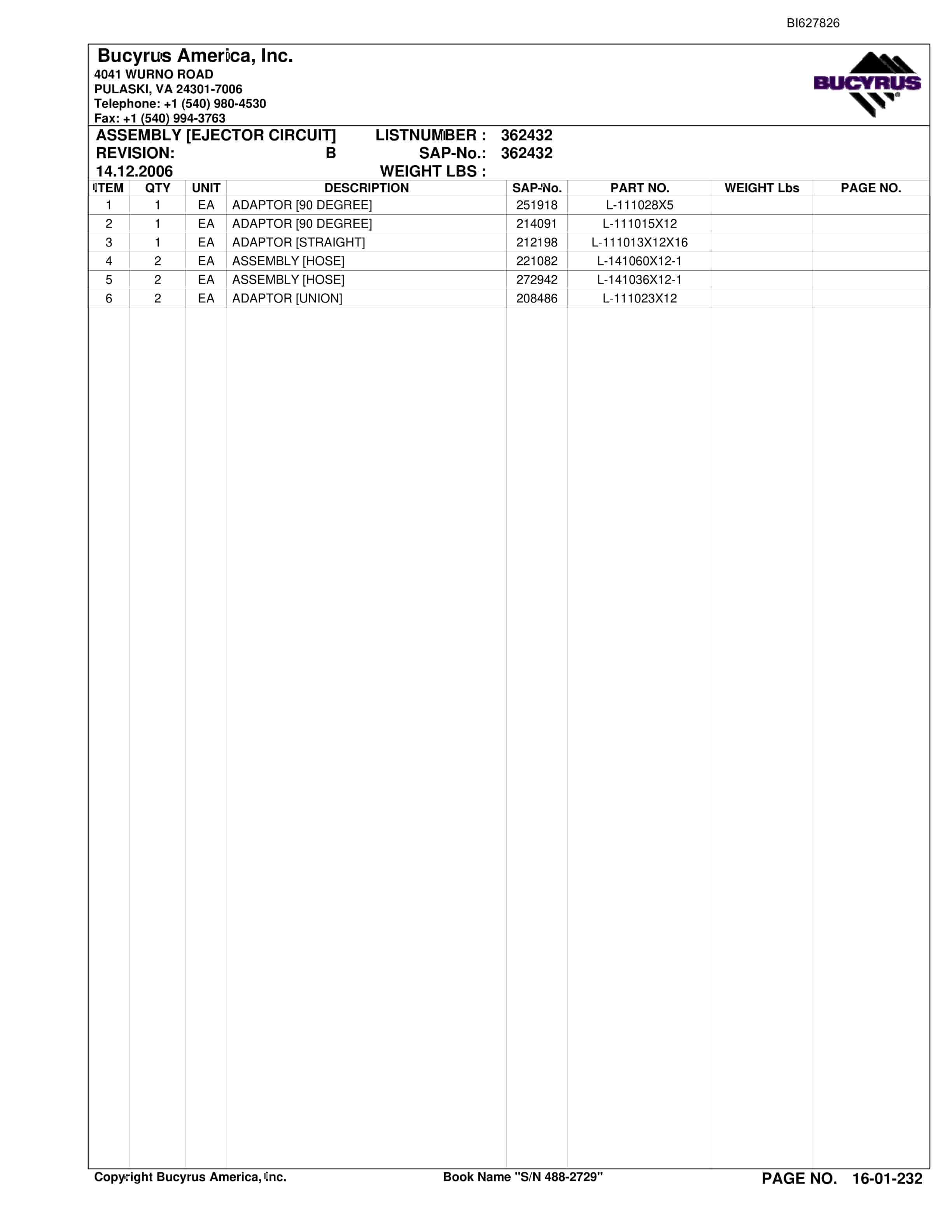 Bucyrus 488-2729 UN-A-TRAC Spare Parts List BI627826-4