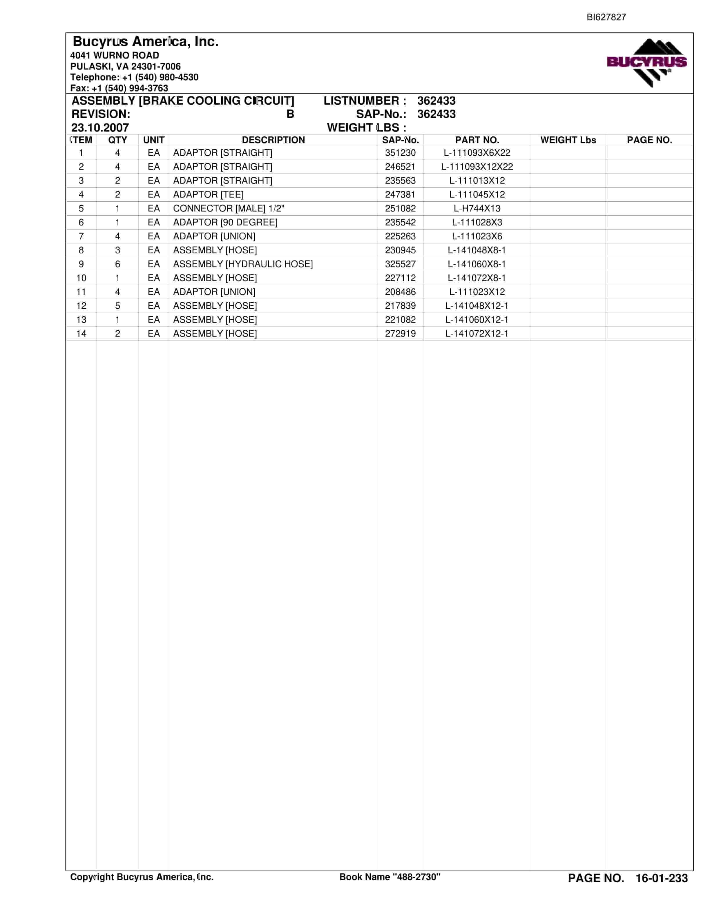 Bucyrus 488-2730 UN-A-TRAC Spare Parts List BI627827-5