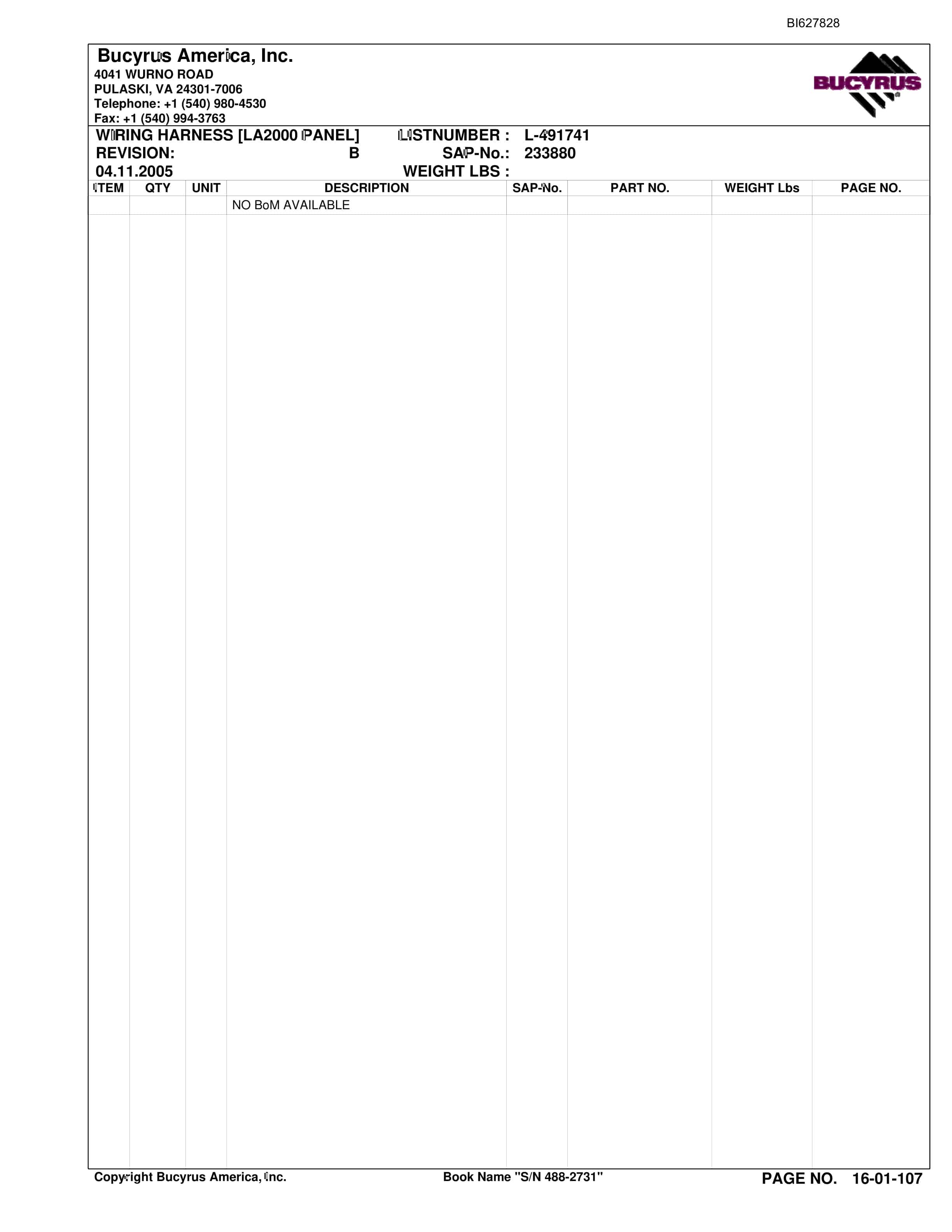 Bucyrus 488-2731 UN-A-TRAC Spare Parts List BI627828-2