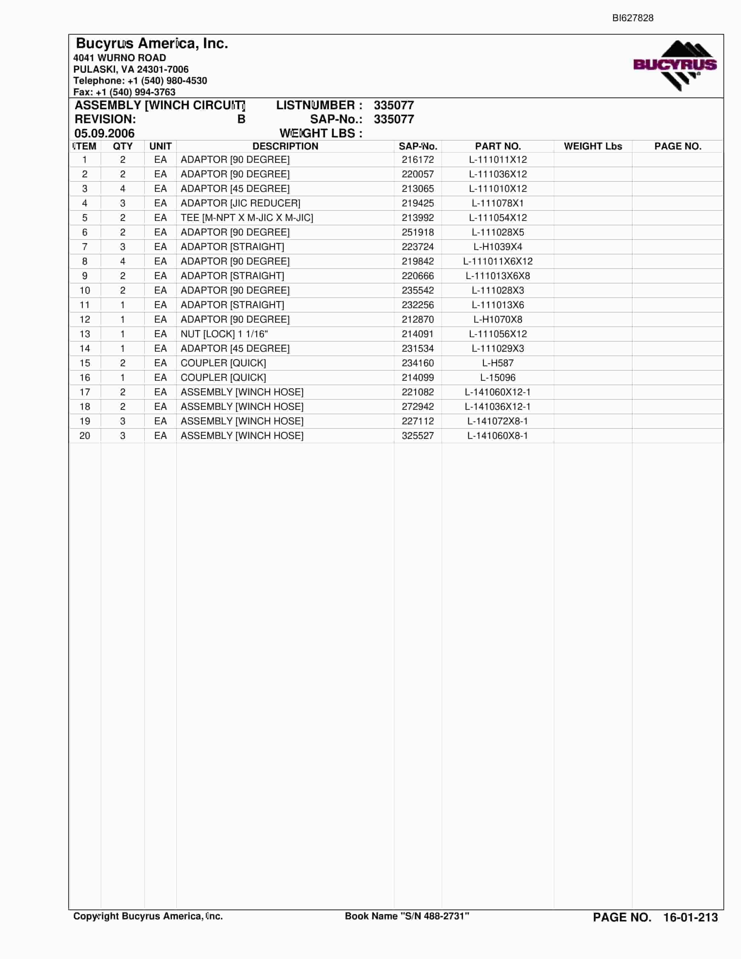 Bucyrus 488-2731 UN-A-TRAC Spare Parts List BI627828-5