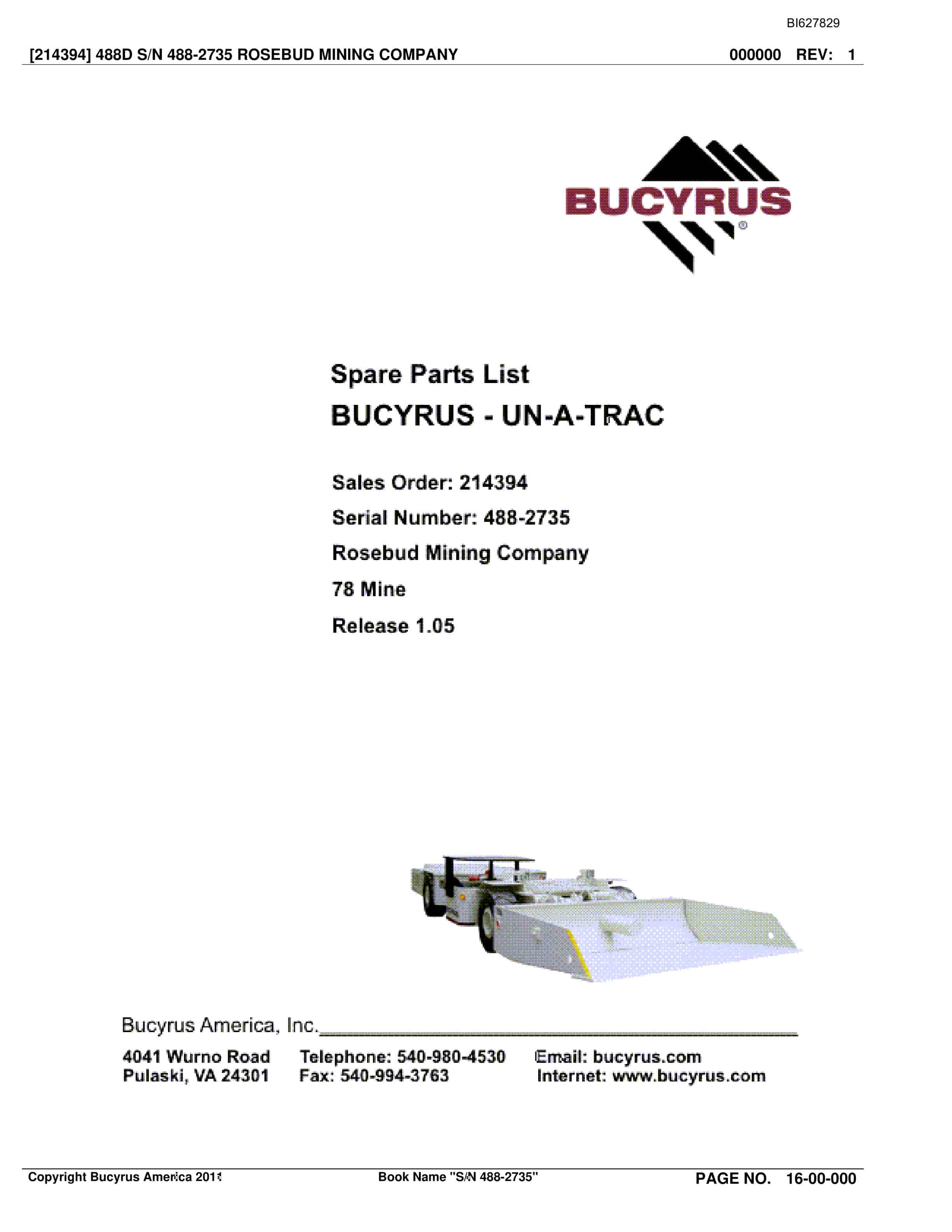 Bucyrus 488-2735 UN-A-TRAC Spare Parts List BI627829