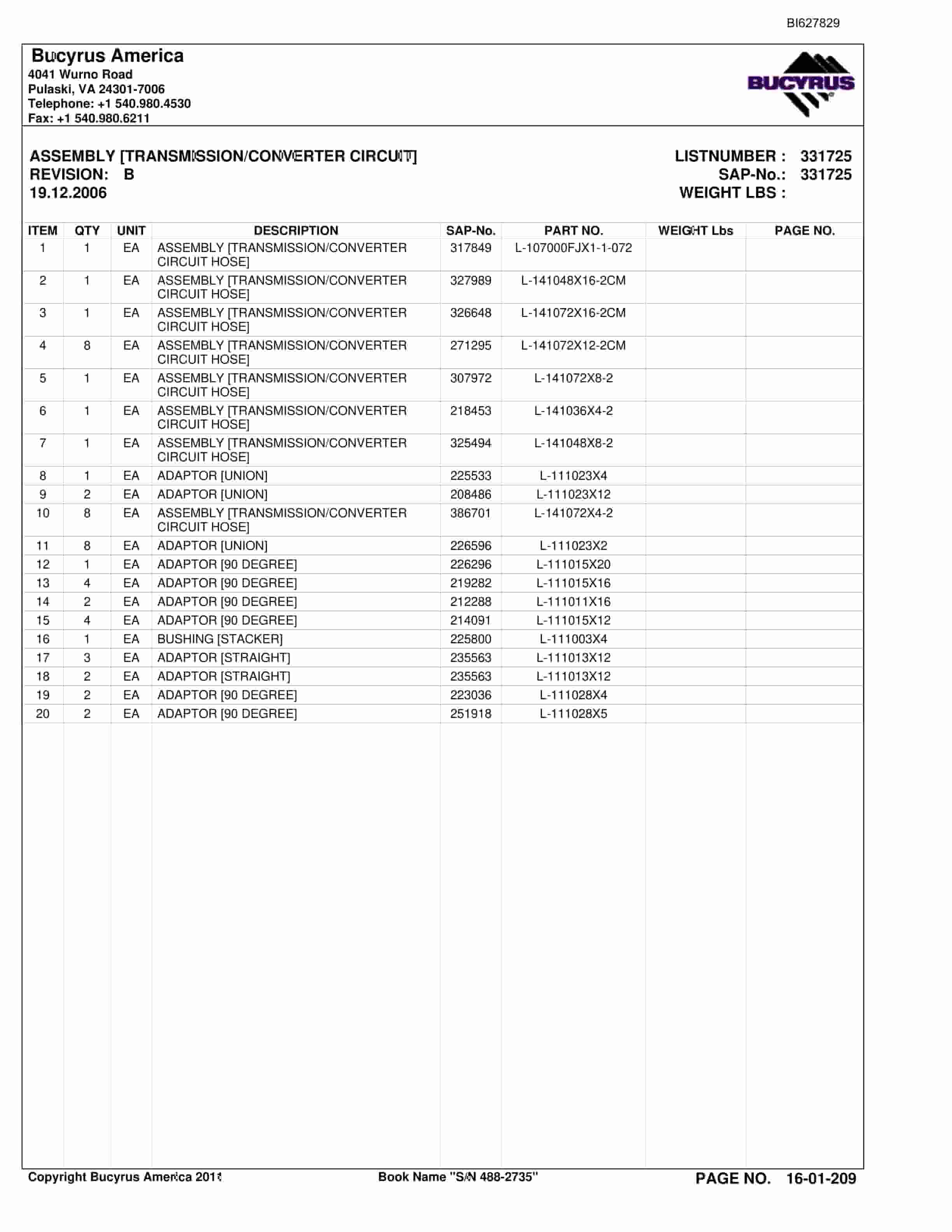Bucyrus 488-2735 UN-A-TRAC Spare Parts List BI627829-5