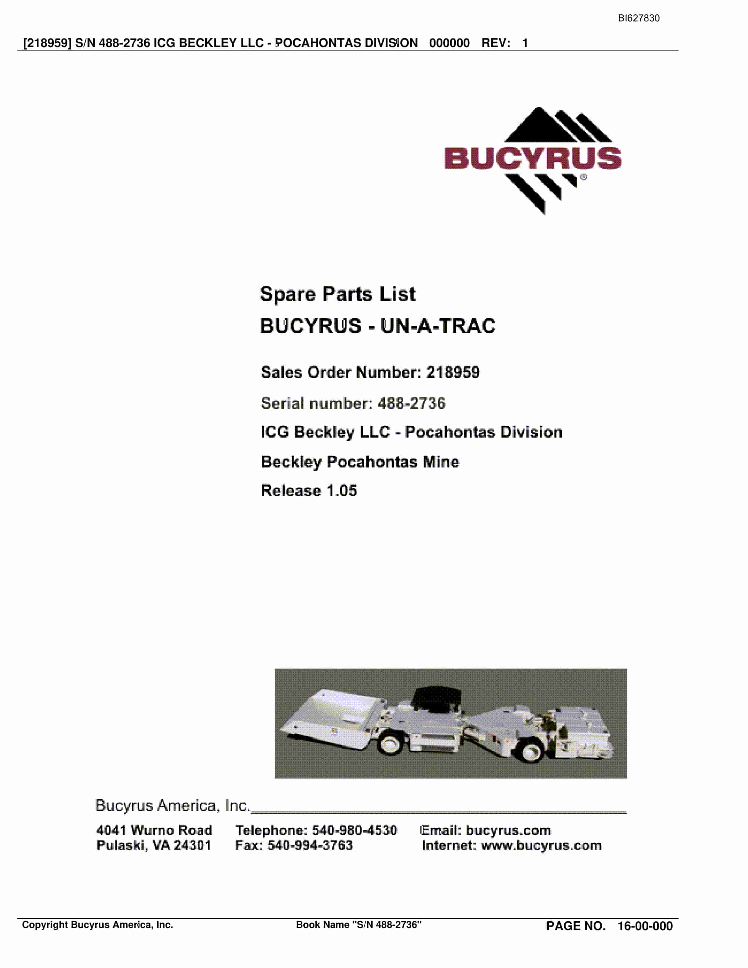 Bucyrus 488-2736 UN-A-TRAC Spare Parts List BI627830