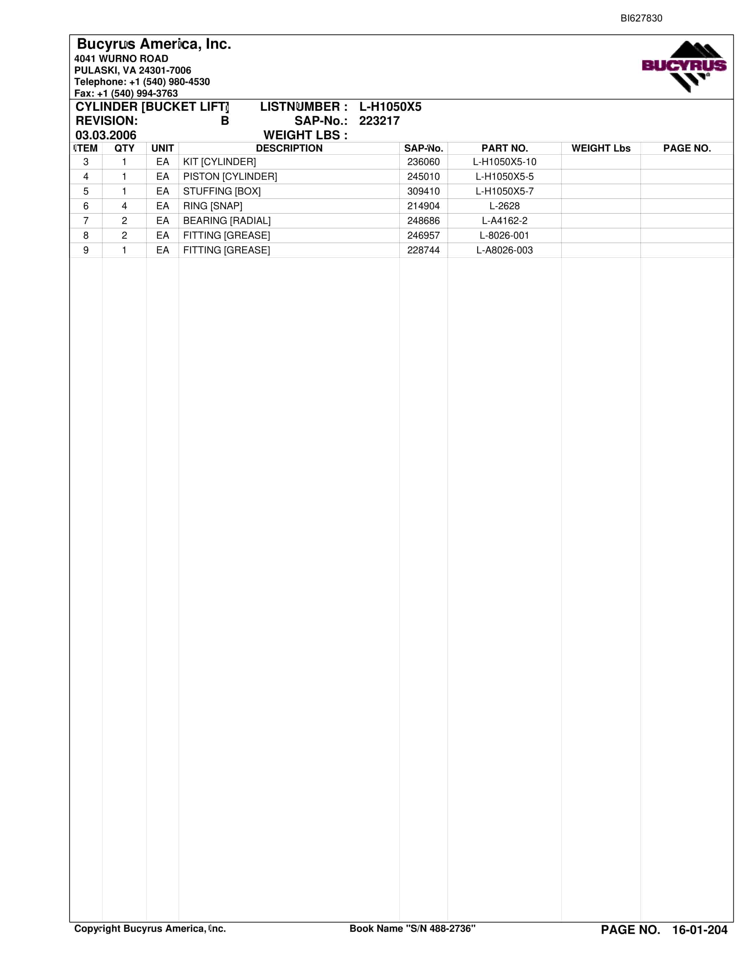 Bucyrus 488-2736 UN-A-TRAC Spare Parts List BI627830-3