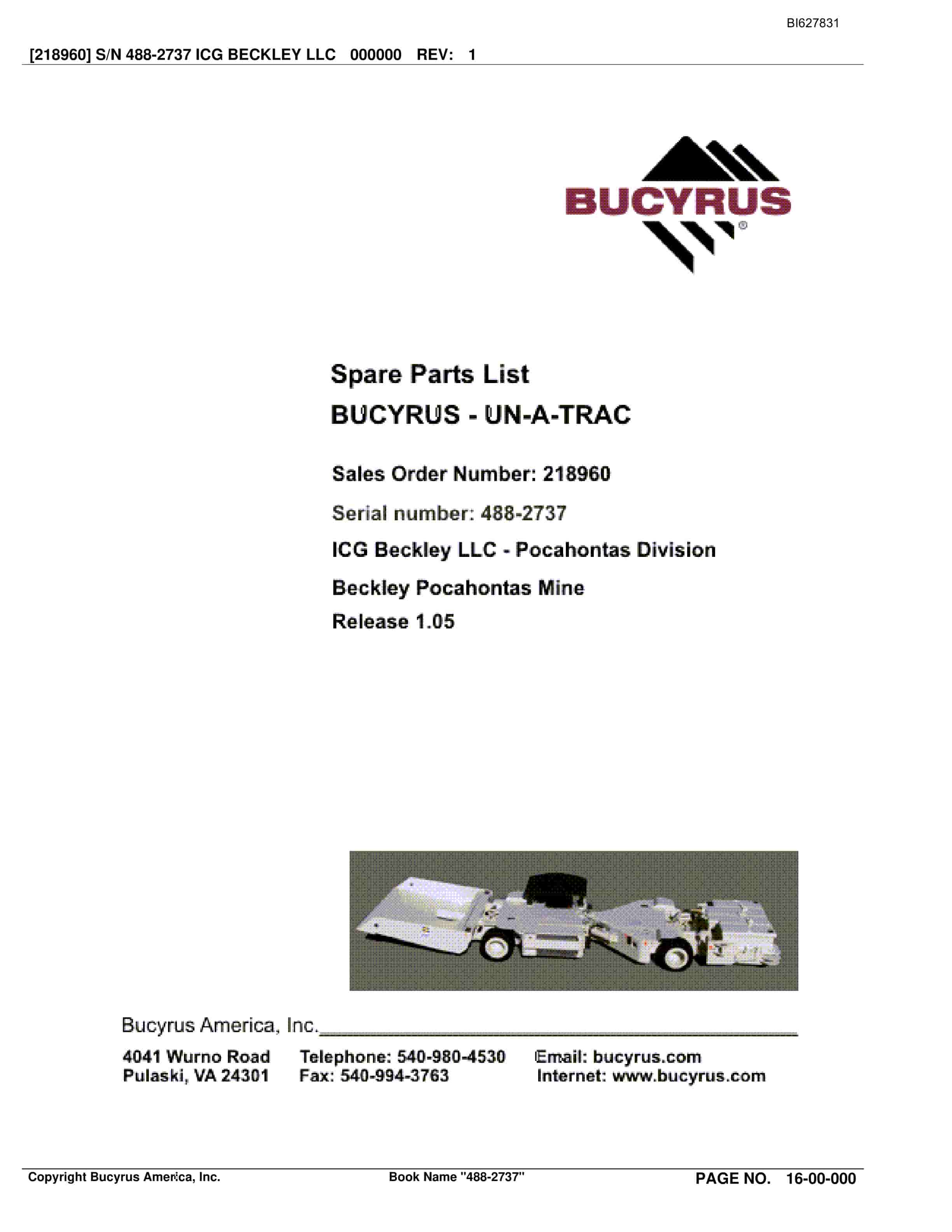 Bucyrus 488-2737 UN-A-TRAC Spare Parts List BI627831