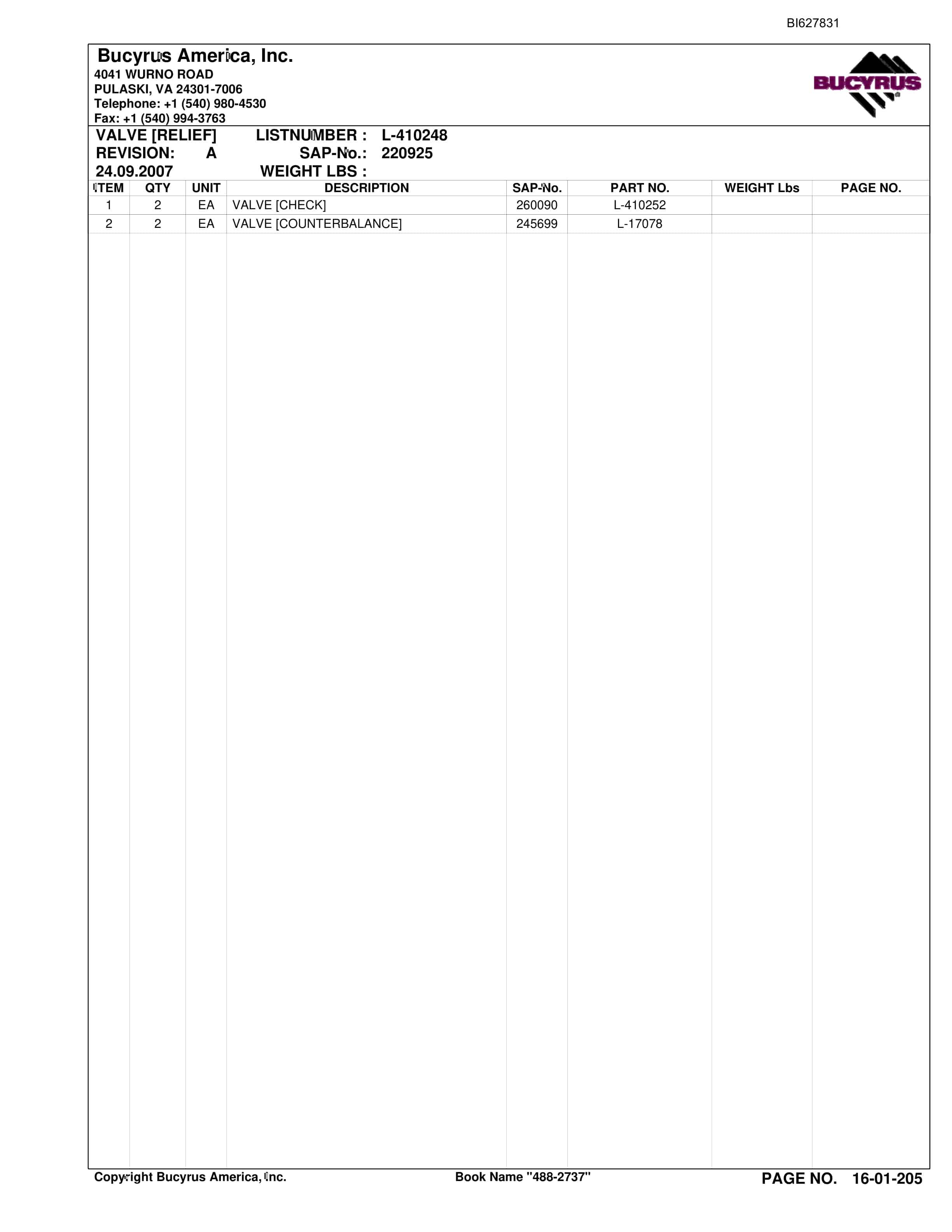 Bucyrus 488-2737 UN-A-TRAC Spare Parts List BI627831-3