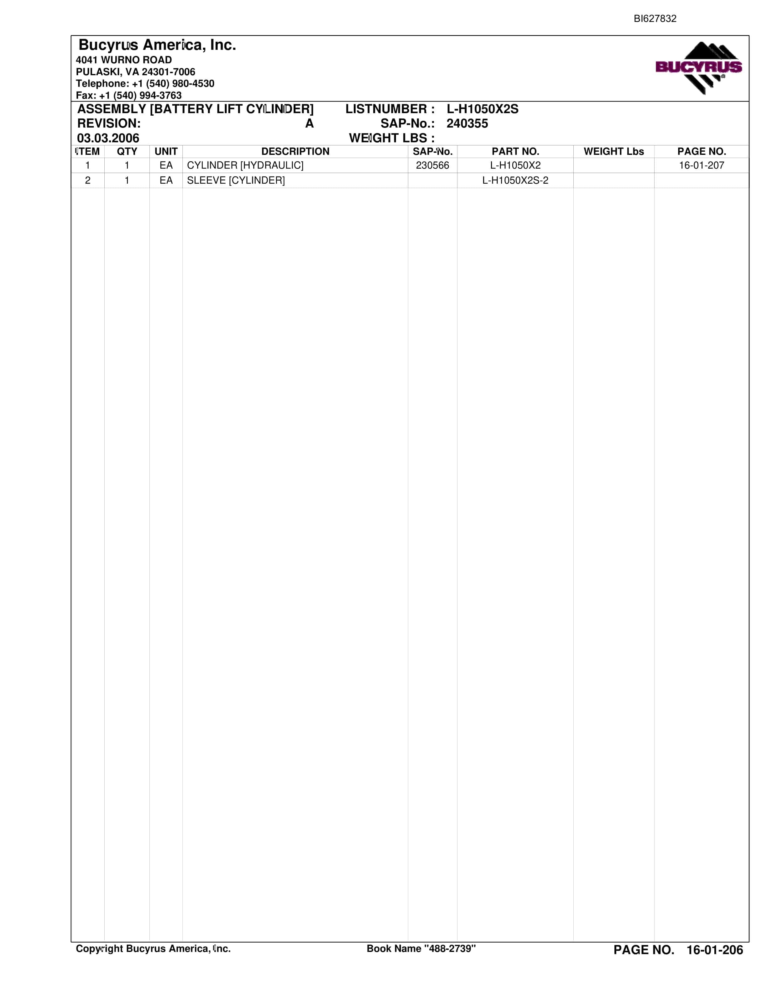 Bucyrus 488-2739 UN-A-TRAC Spare Parts List BI627832-5