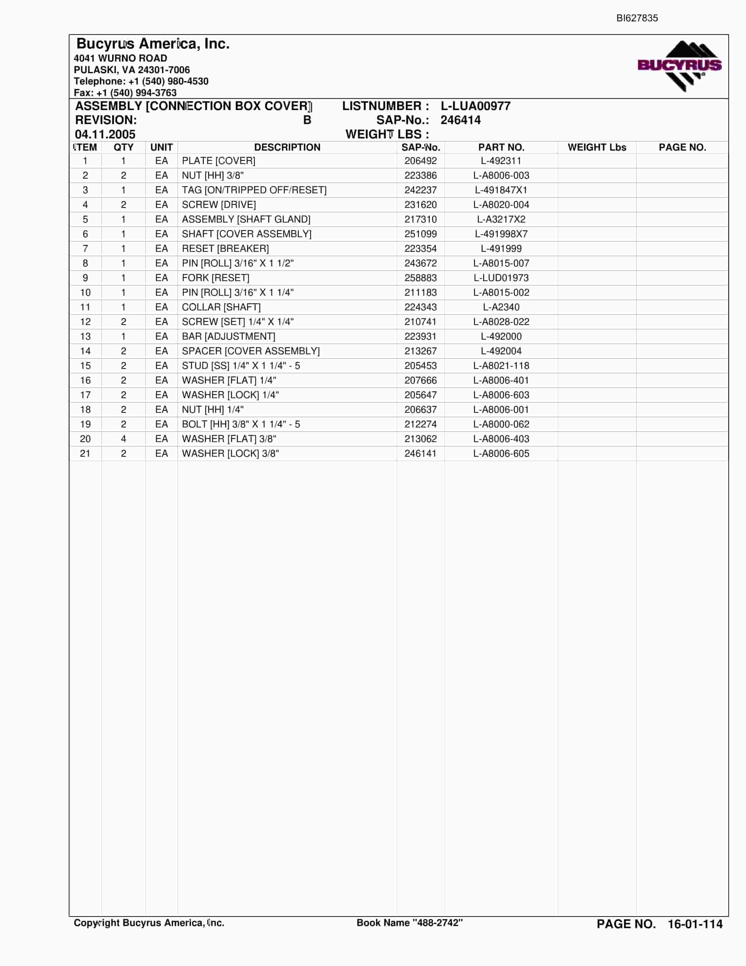 Bucyrus 488-2742 UN-A-TRAC Spare Parts List BI627835-2