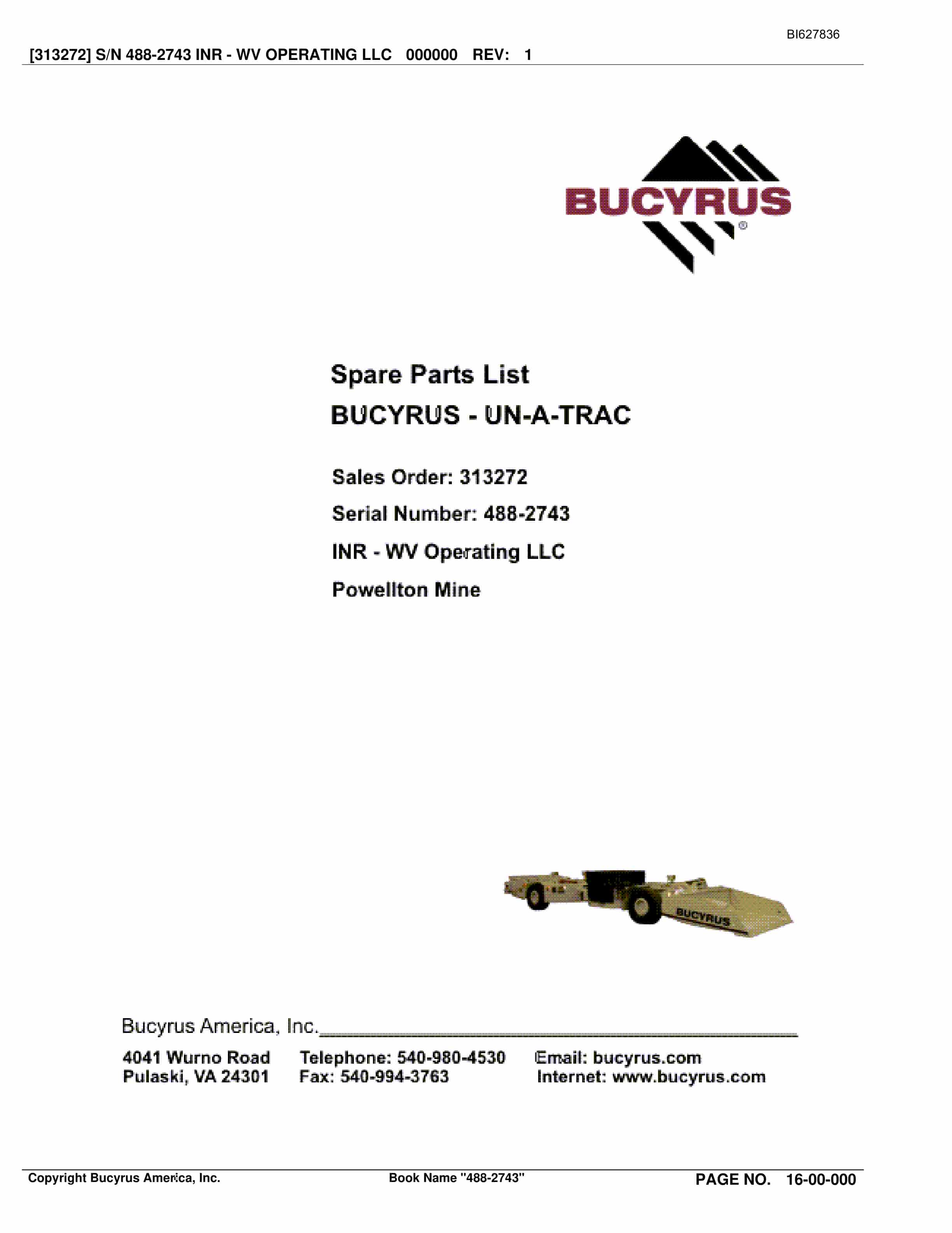 Bucyrus 488-2743 UN-A-TRAC Spare Parts List BI627836