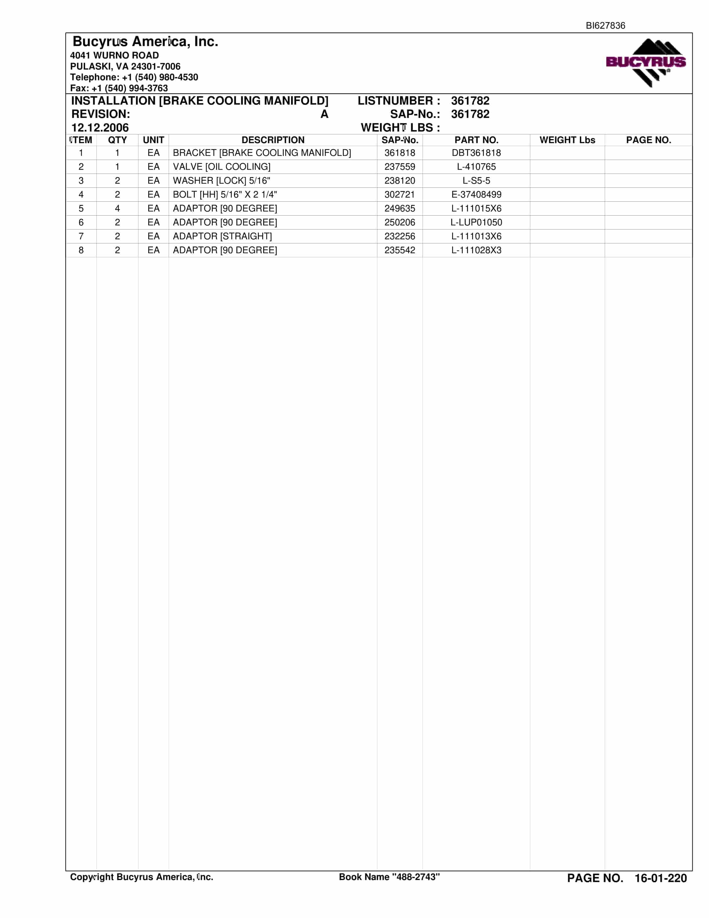 Bucyrus 488-2743 UN-A-TRAC Spare Parts List BI627836-4