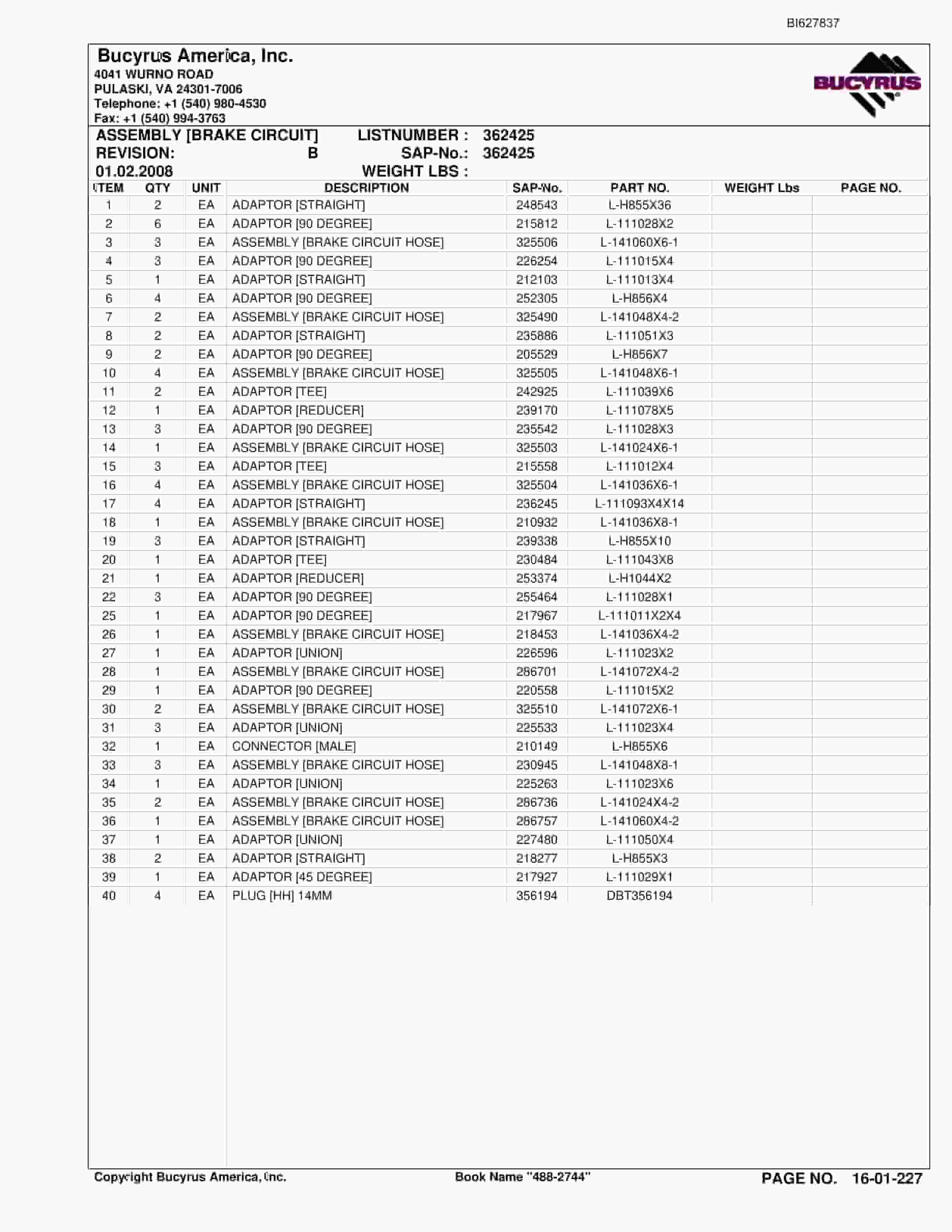 Bucyrus 488-2744 UN-A-TRAC Spare Parts List BI627837-5