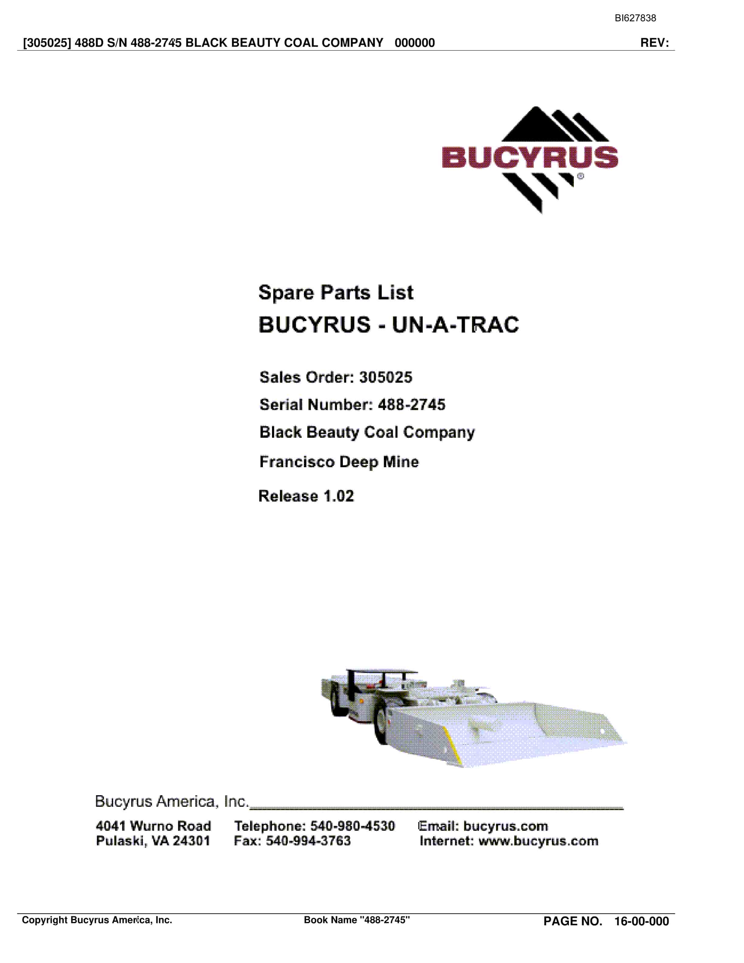 Bucyrus 488-2745 UN-A-TRAC Spare Parts List BI627838