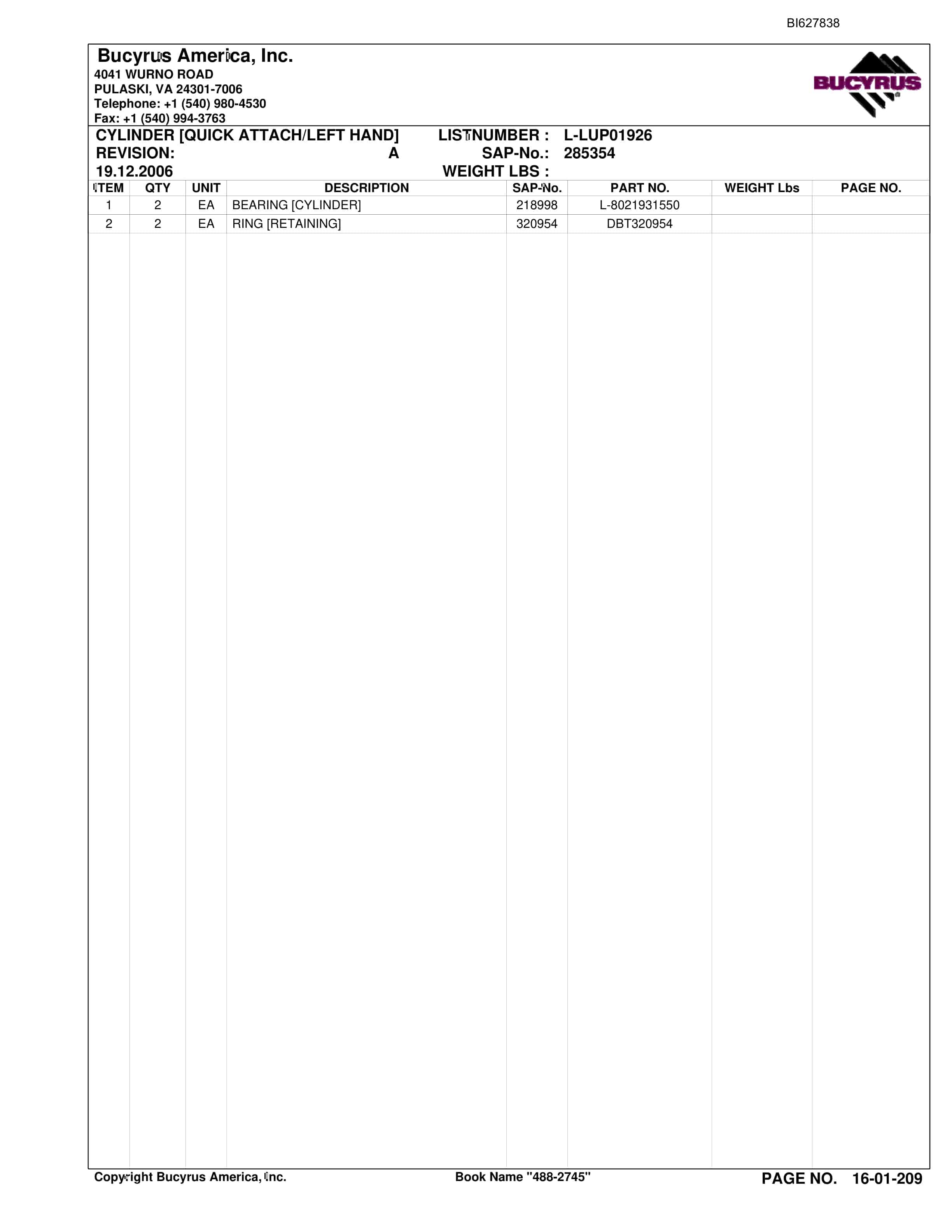 Bucyrus 488-2745 UN-A-TRAC Spare Parts List BI627838-4