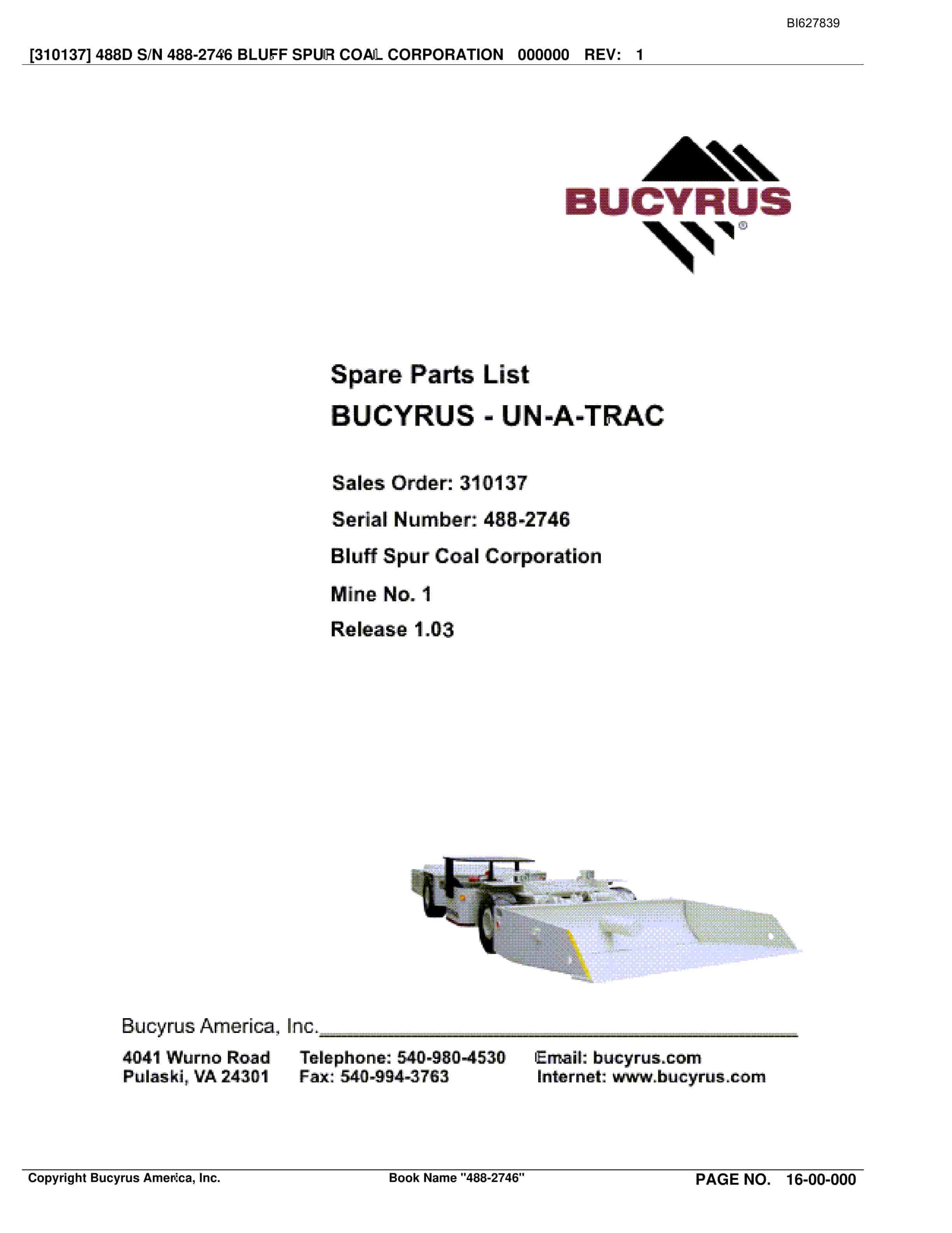 Bucyrus 488-2746 UN-A-TRAC Spare Parts List BI627839
