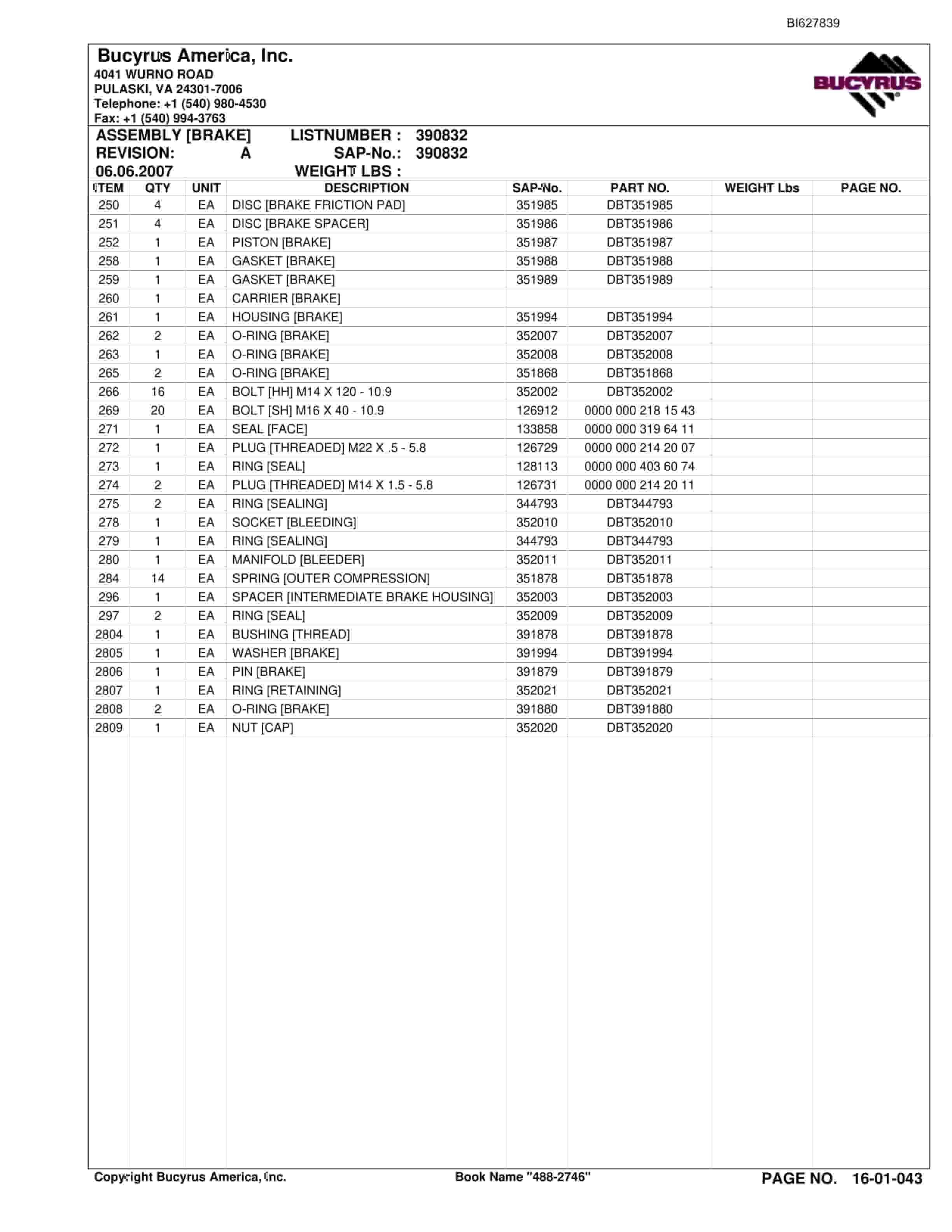 Bucyrus 488-2746 UN-A-TRAC Spare Parts List BI627839-2