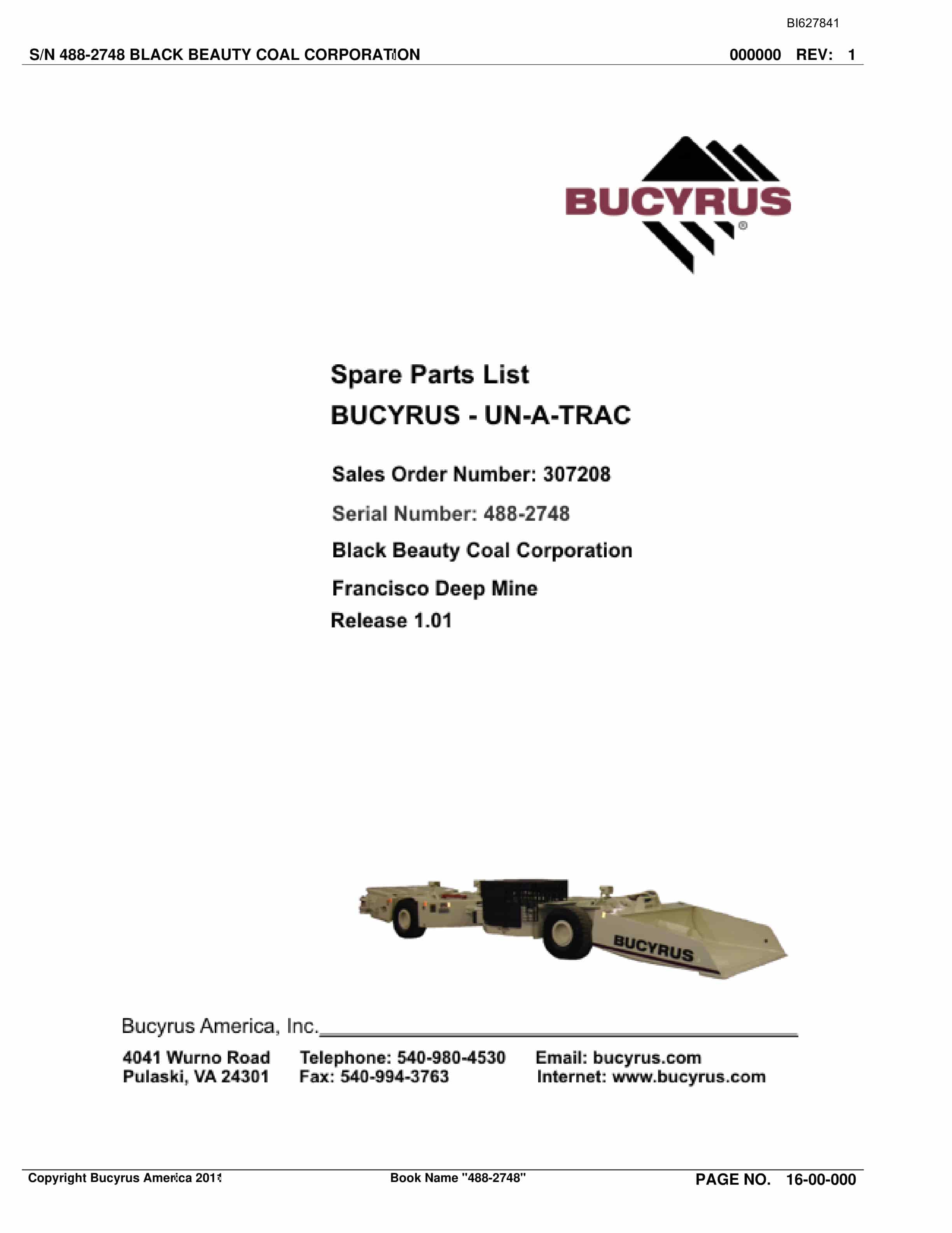 Bucyrus 488-2748 UN-A-TRAC Spare Parts List BI627841