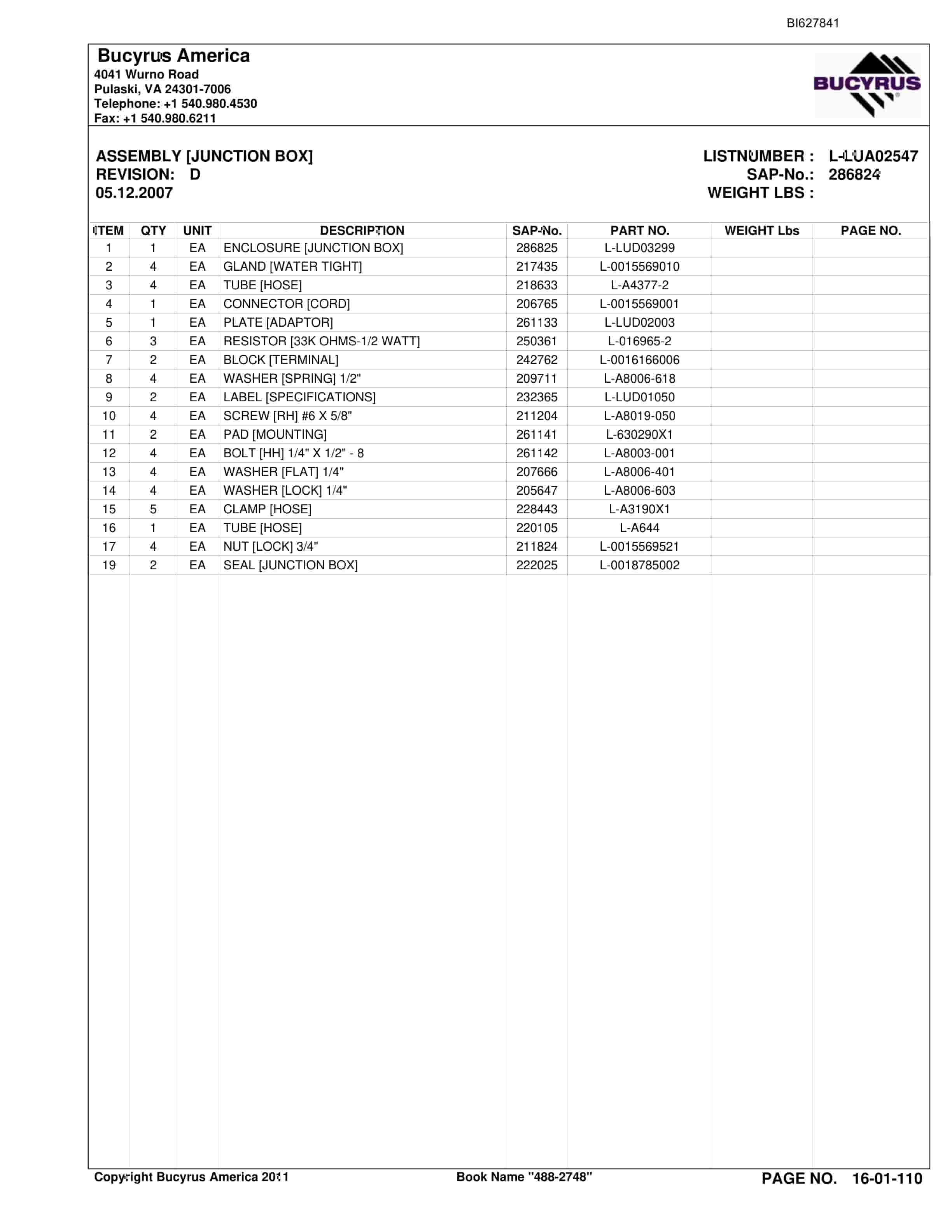 Bucyrus 488-2748 UN-A-TRAC Spare Parts List BI627841-2