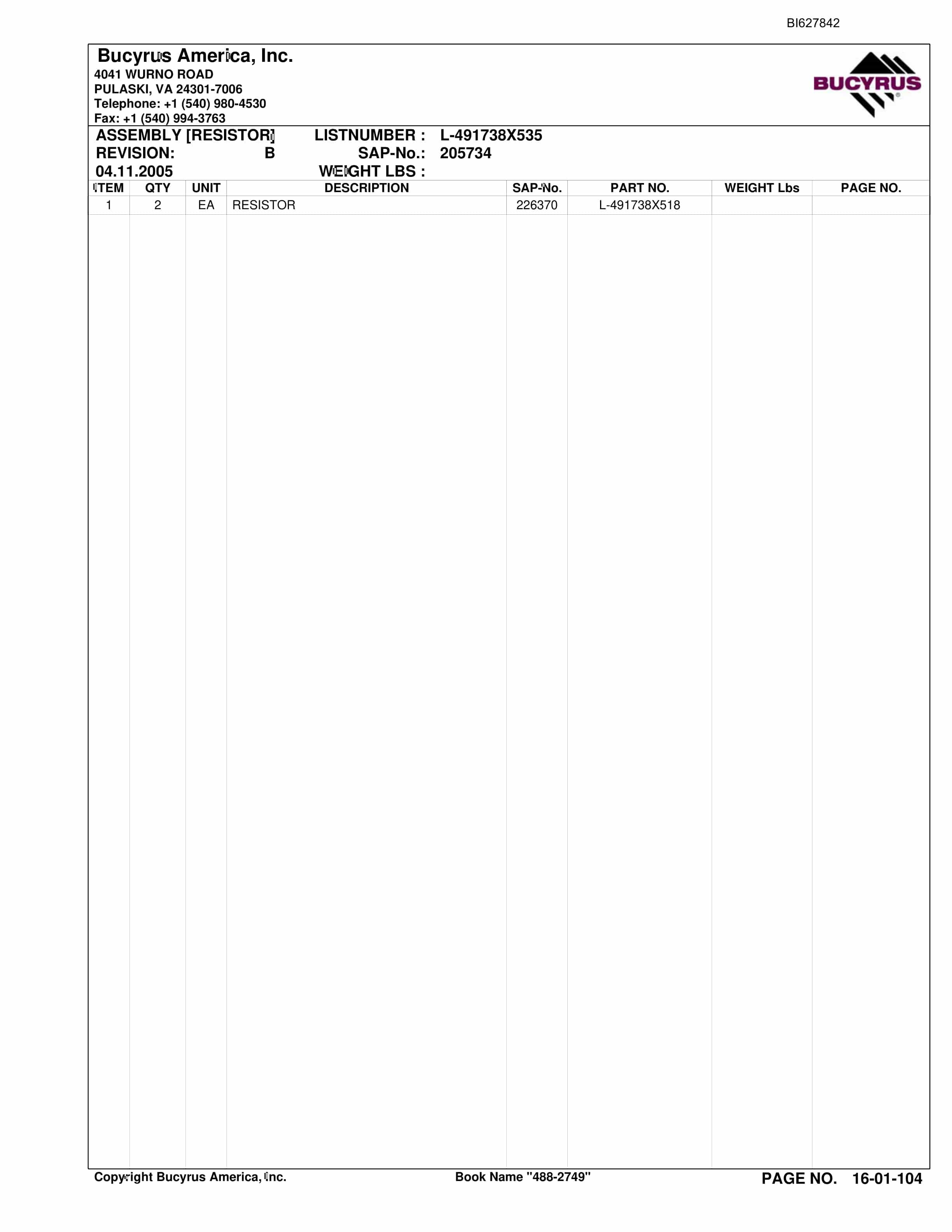 Bucyrus 488-2749 UN-A-TRAC Spare Parts List BI627842-2