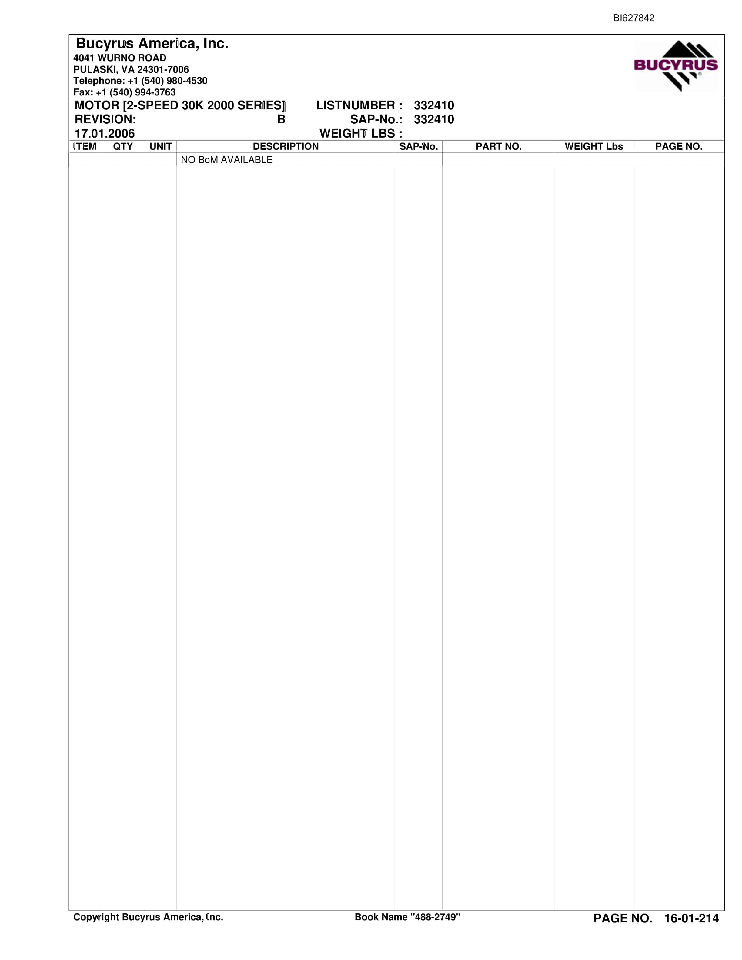Bucyrus 488-2749 UN-A-TRAC Spare Parts List BI627842-5