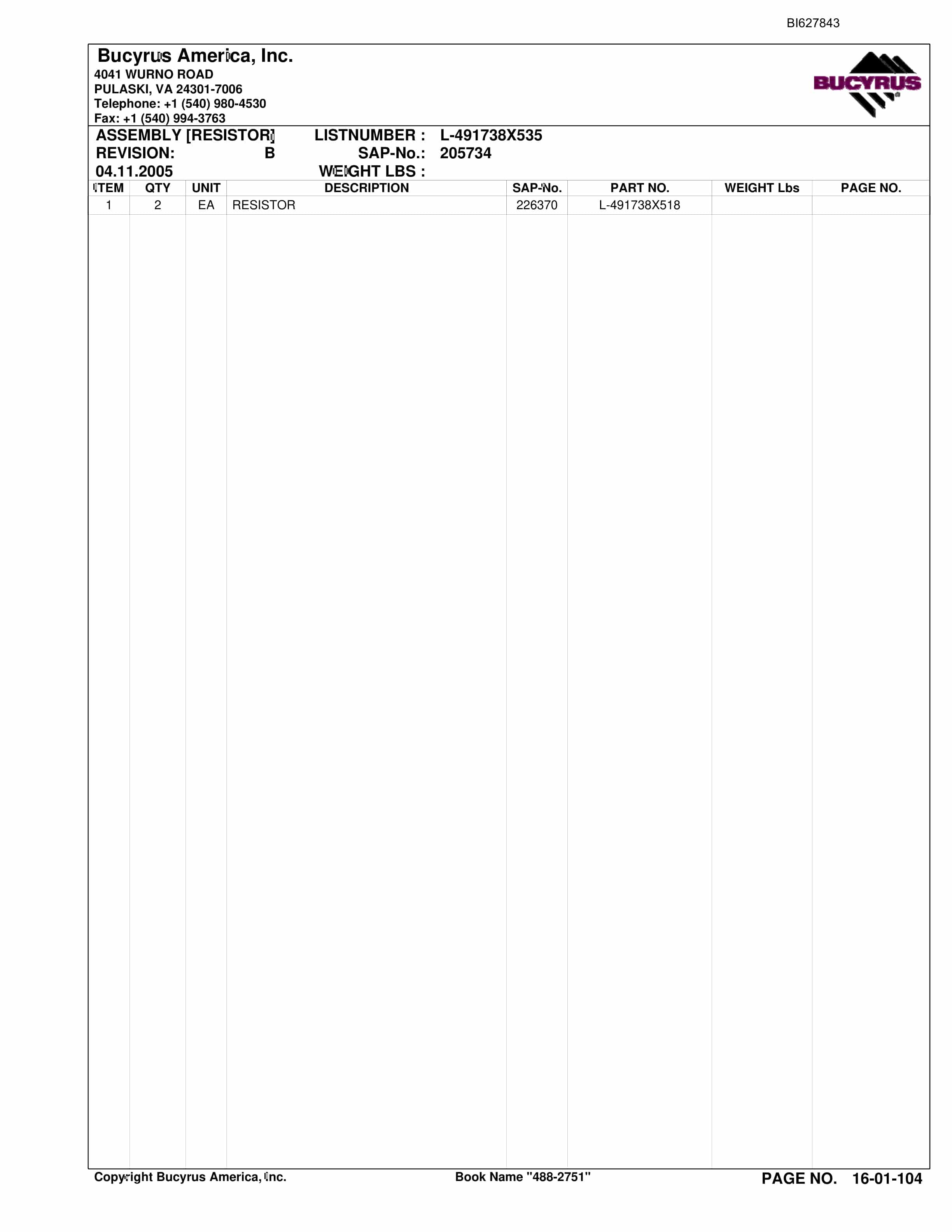 Bucyrus 488-2751 UN-A-TRAC Spare Parts List BI627843-2