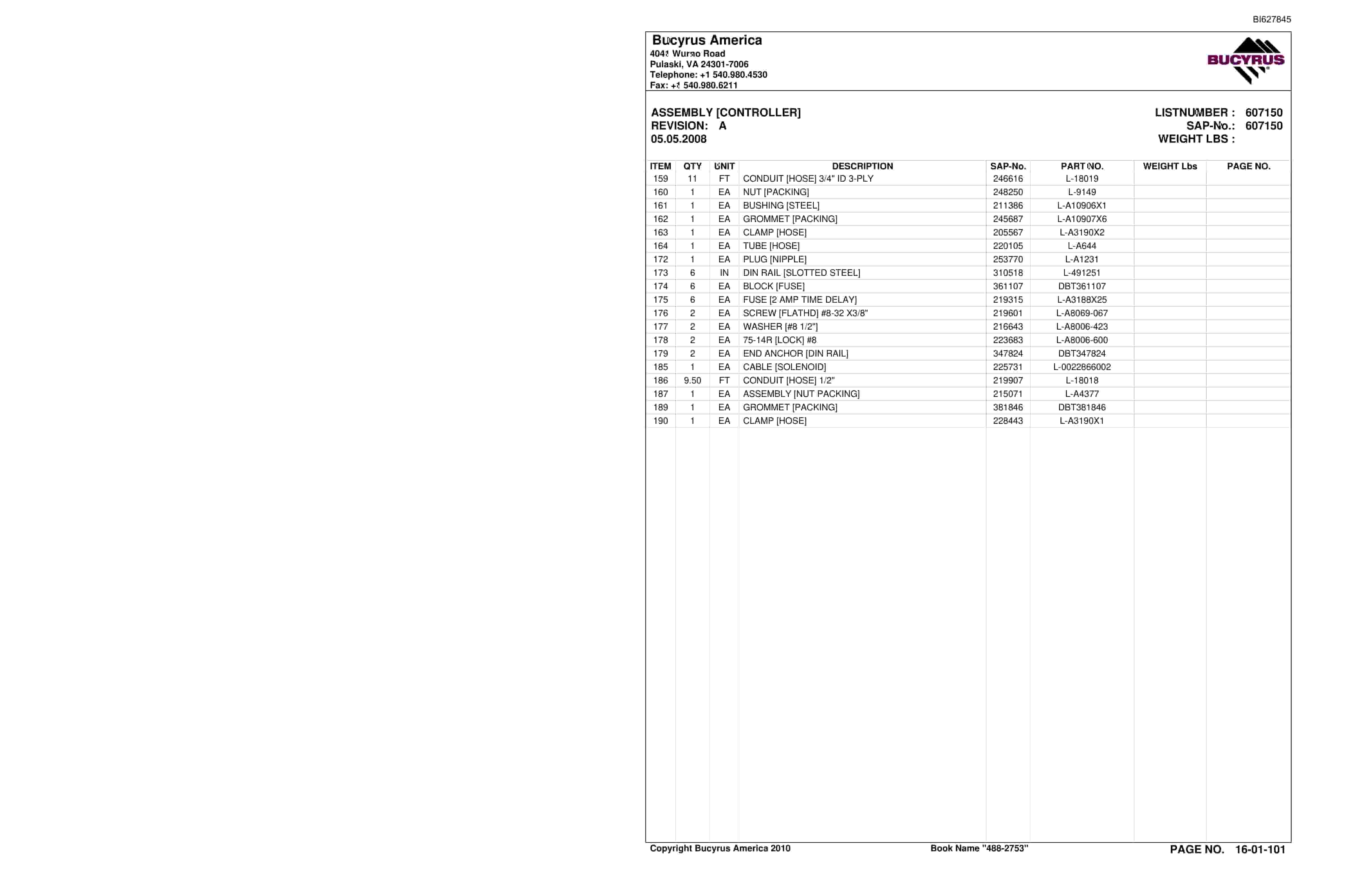 Bucyrus 488-2753 UN-A-TRAC Spare Parts List BI627845-2