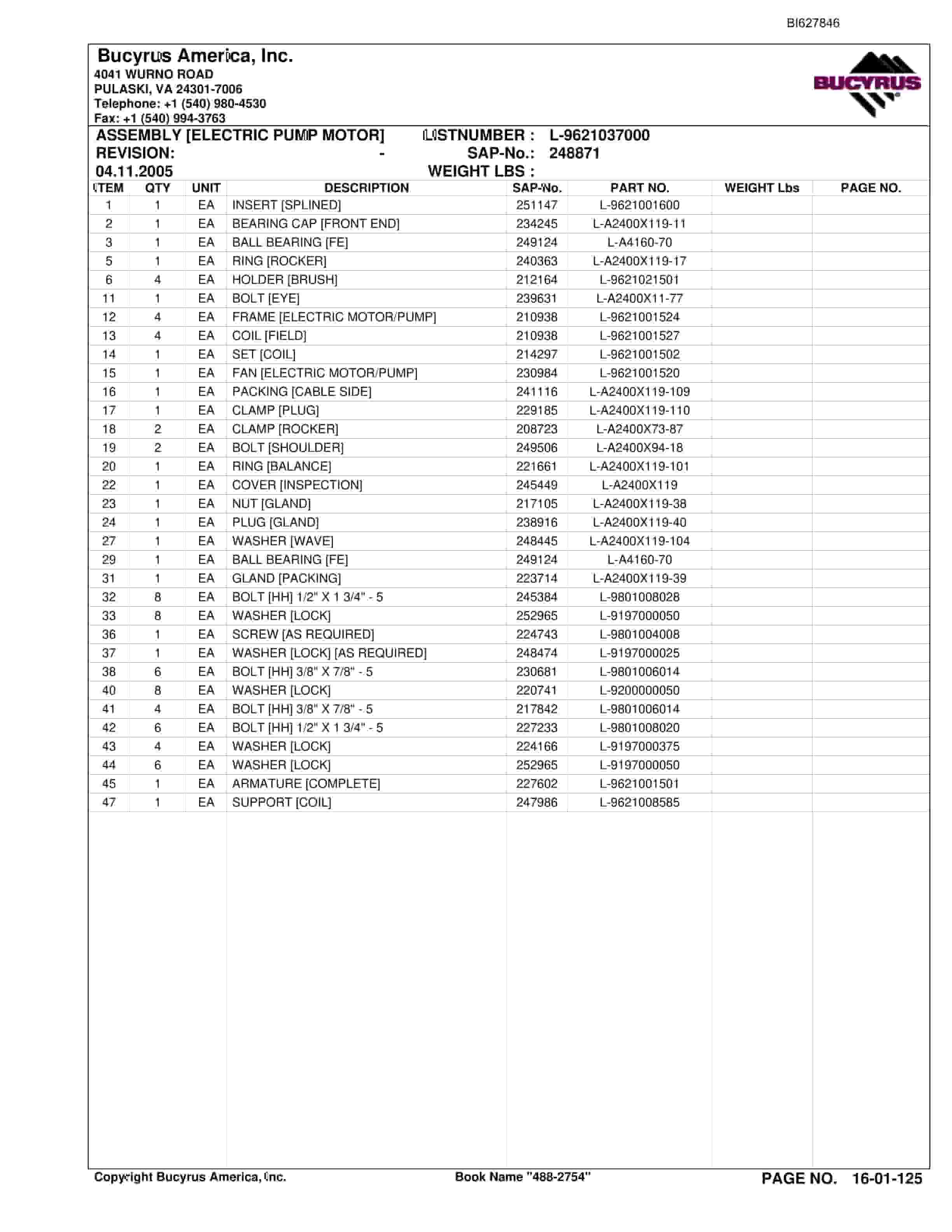 Bucyrus 488-2754 UN-A-TRAC Spare Parts List BI627846-3