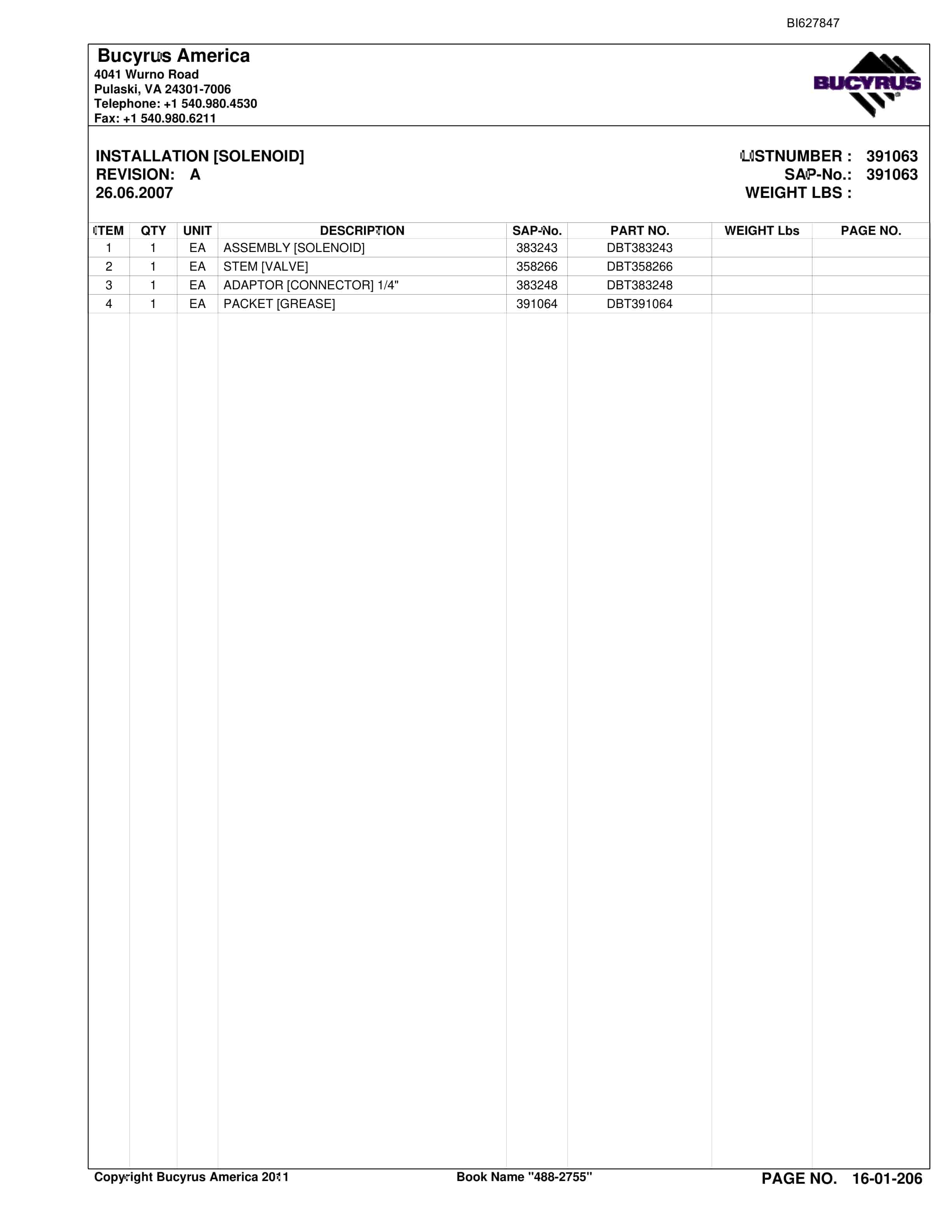 Bucyrus 488-2755 UN-A-TRAC Spare Parts List BI627847-3