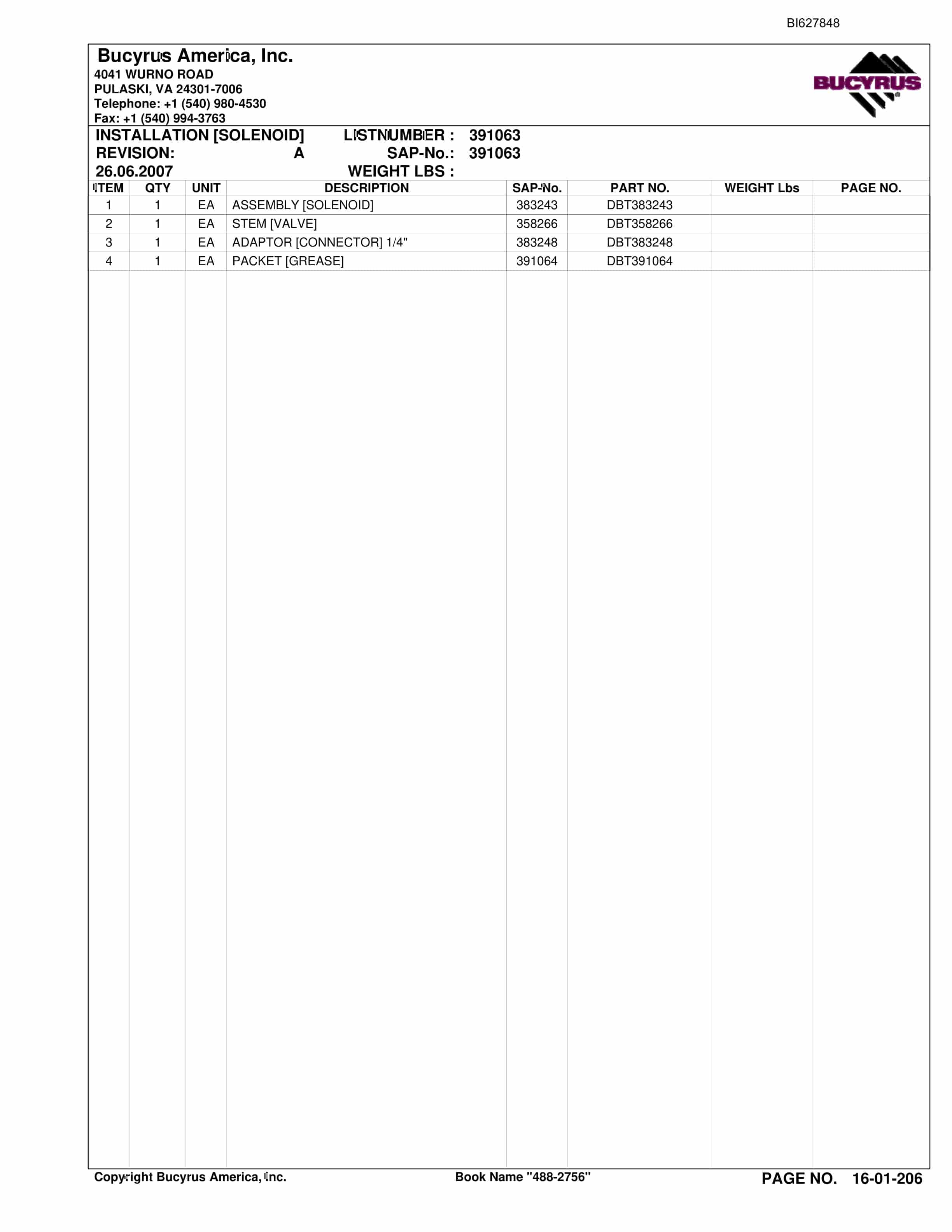 Bucyrus 488-2756 UN-A-TRAC Spare Parts List BI627848-3