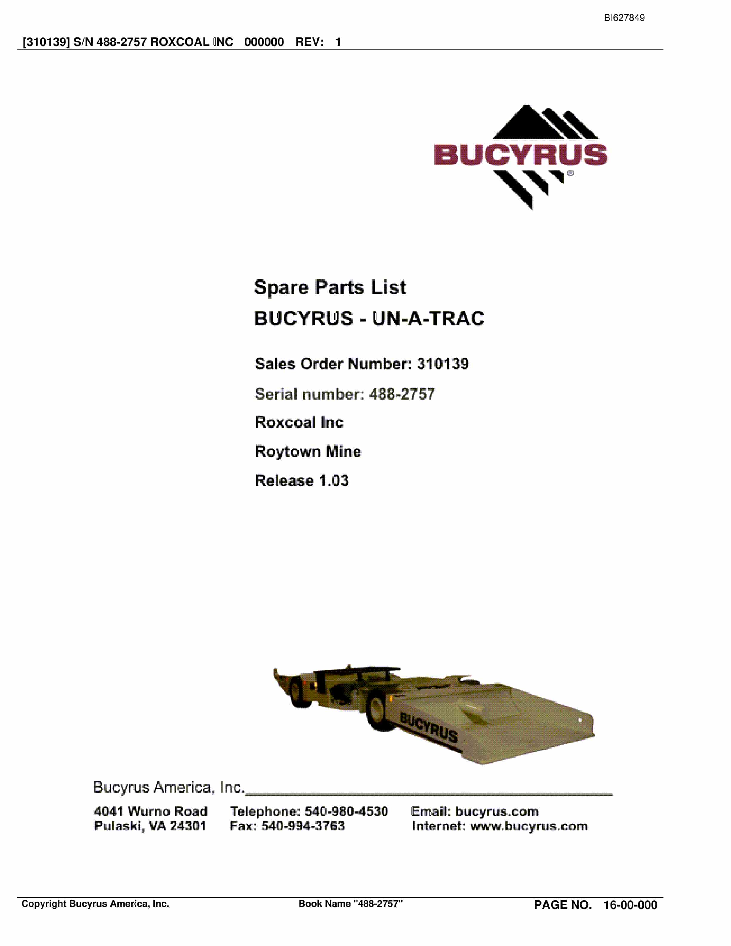 Bucyrus 488-2757 UN-A-TRAC Spare Parts List BI627849