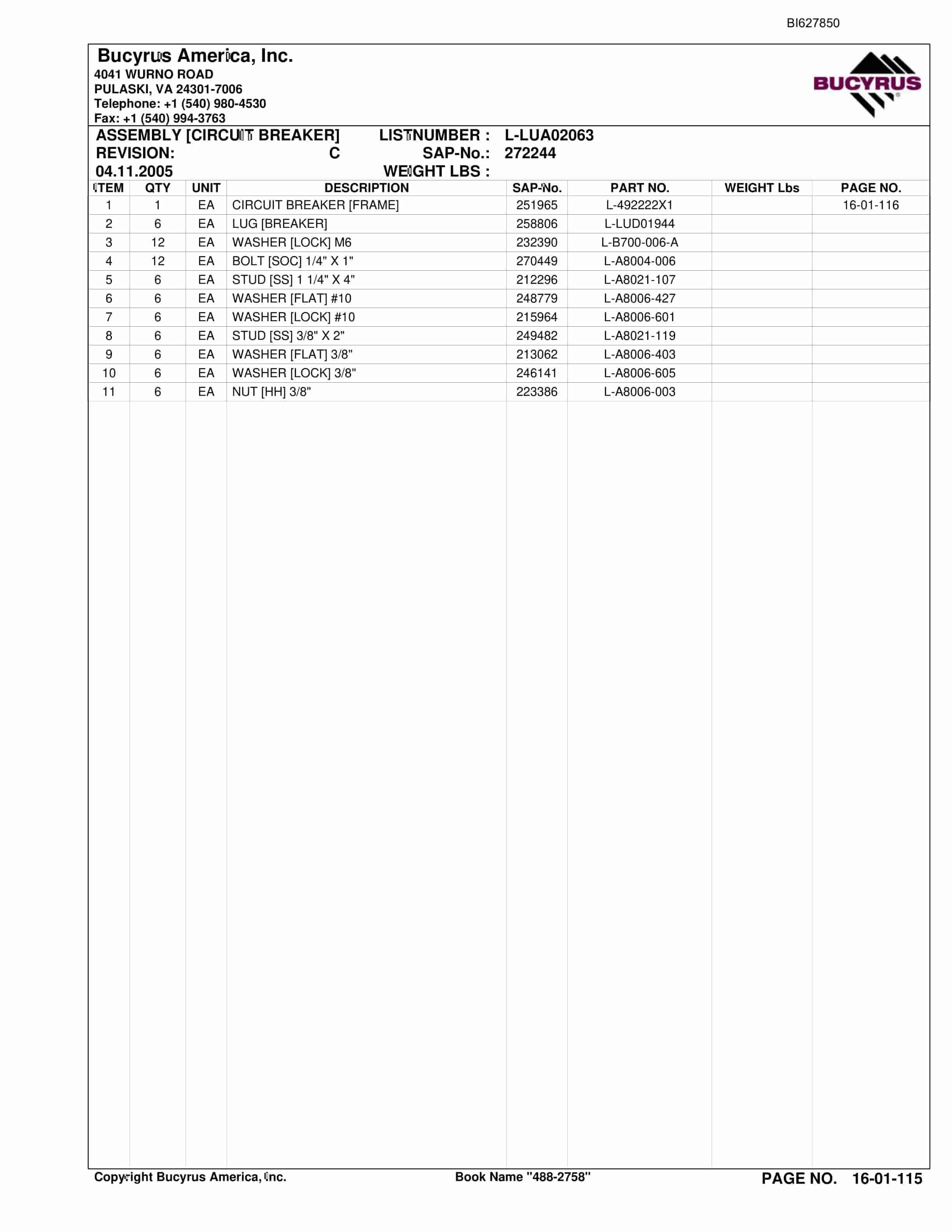 Bucyrus 488-2758 UN-A-TRAC Spare Parts List BI627850-2