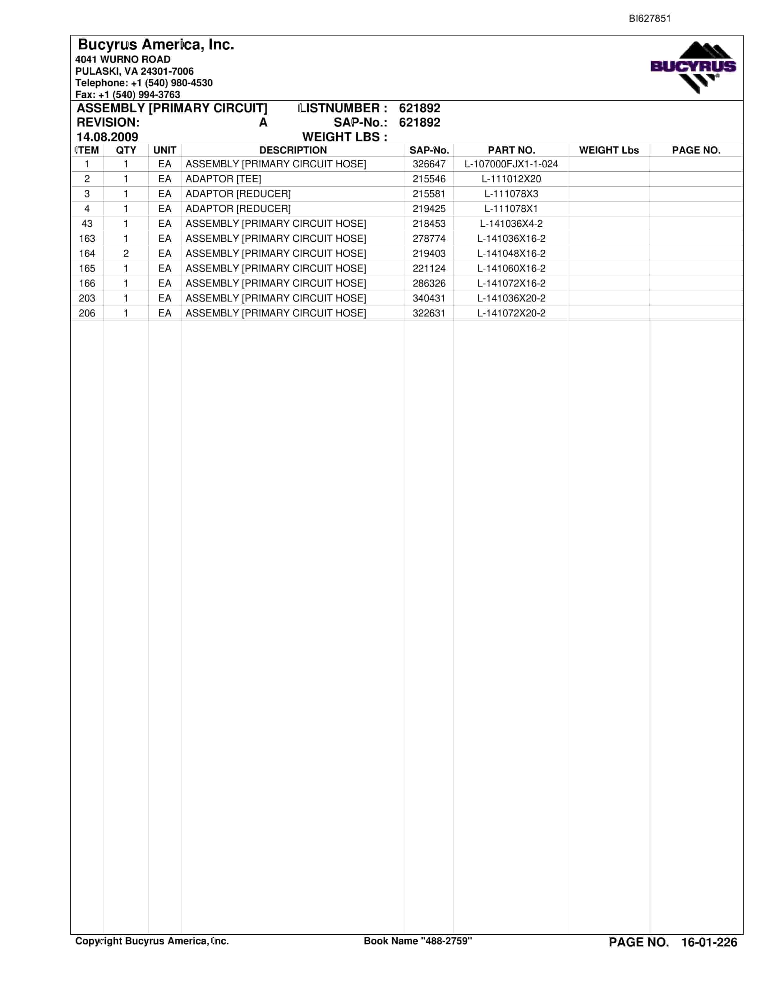 Bucyrus 488-2759 UN-A-TRAC Spare Parts List BI627851-3