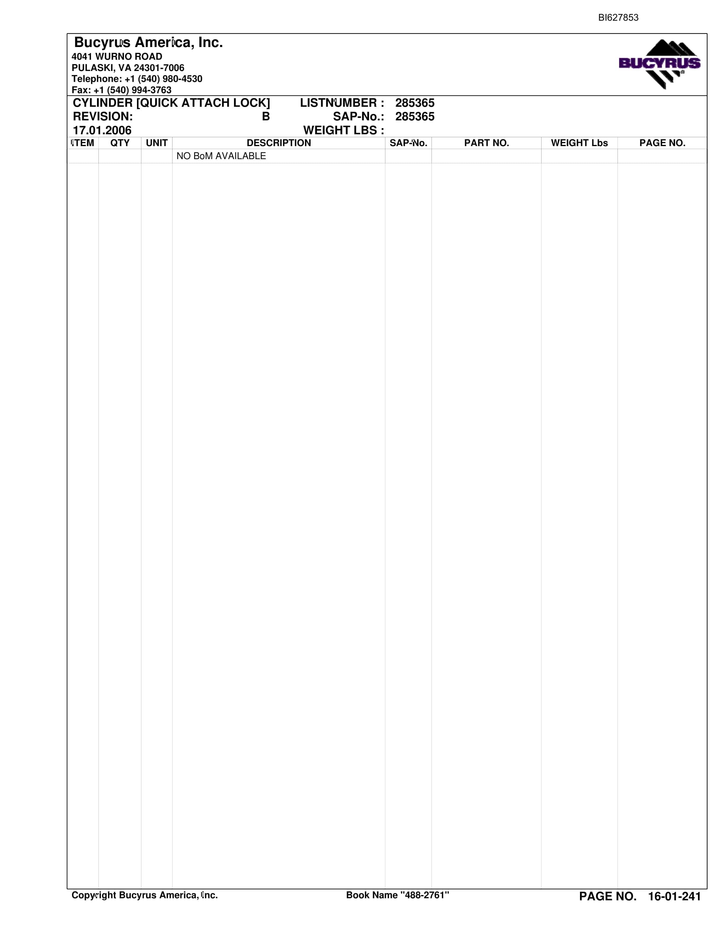 Bucyrus 488-2761 UN-A-TRAC Spare Parts List BI627853-5