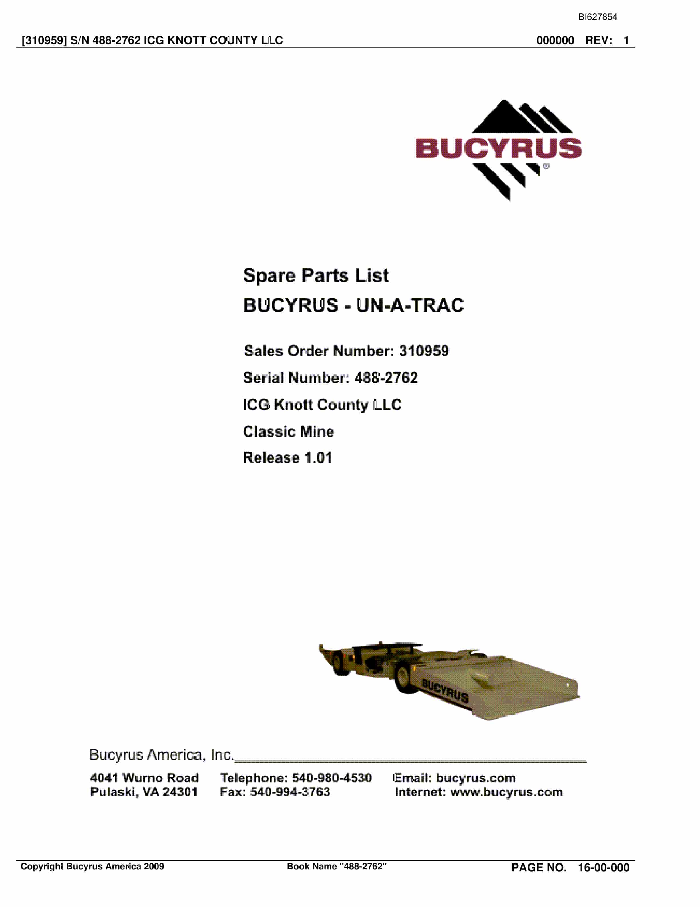 Bucyrus 488-2762 UN-A-TRAC Spare Parts List BI627854