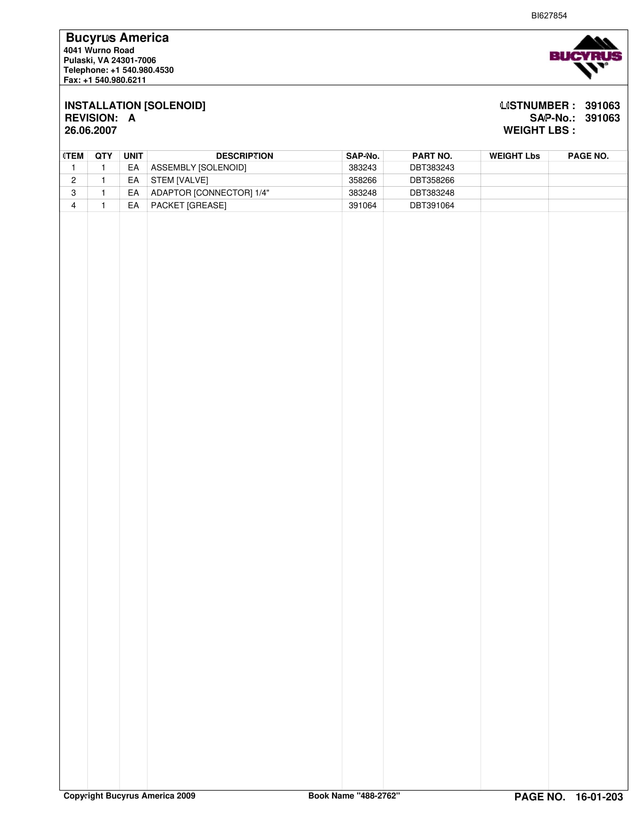Bucyrus 488-2762 UN-A-TRAC Spare Parts List BI627854-3