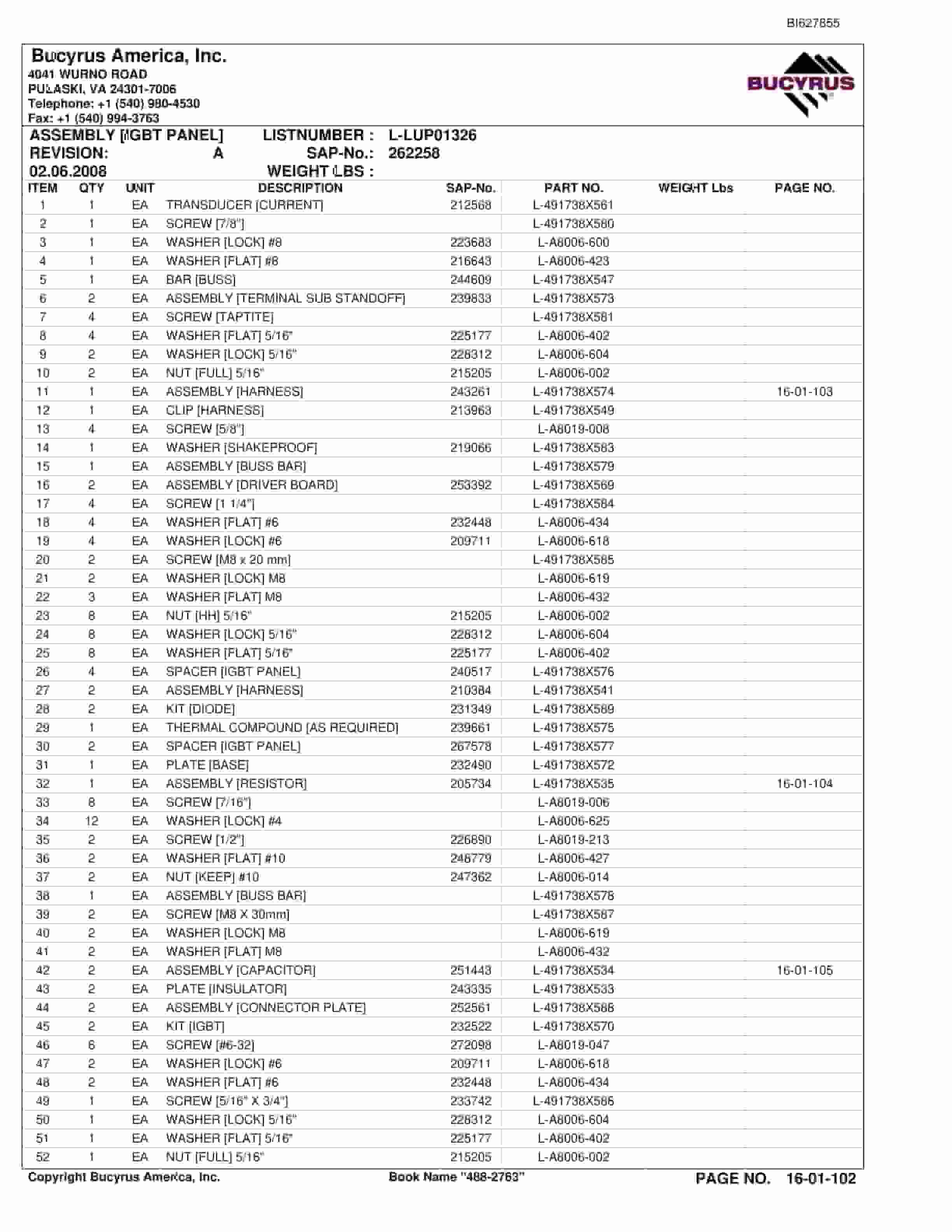 Bucyrus 488-2763 UN-A-TRAC Spare Parts List BI627855-2