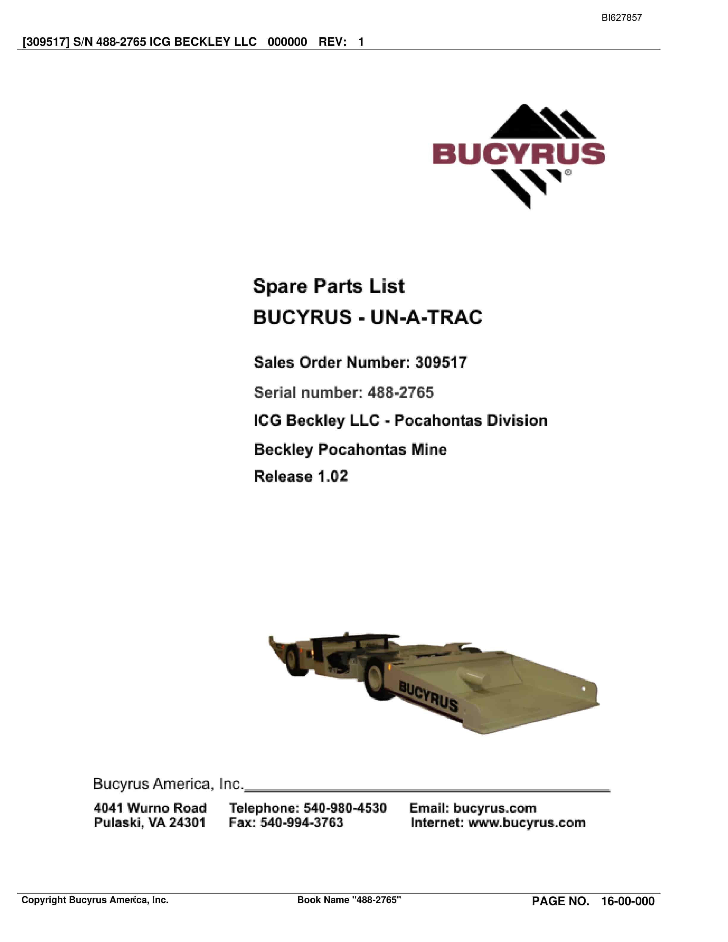 Bucyrus 488-2765 UN-A-TRAC Spare Parts List BI627857